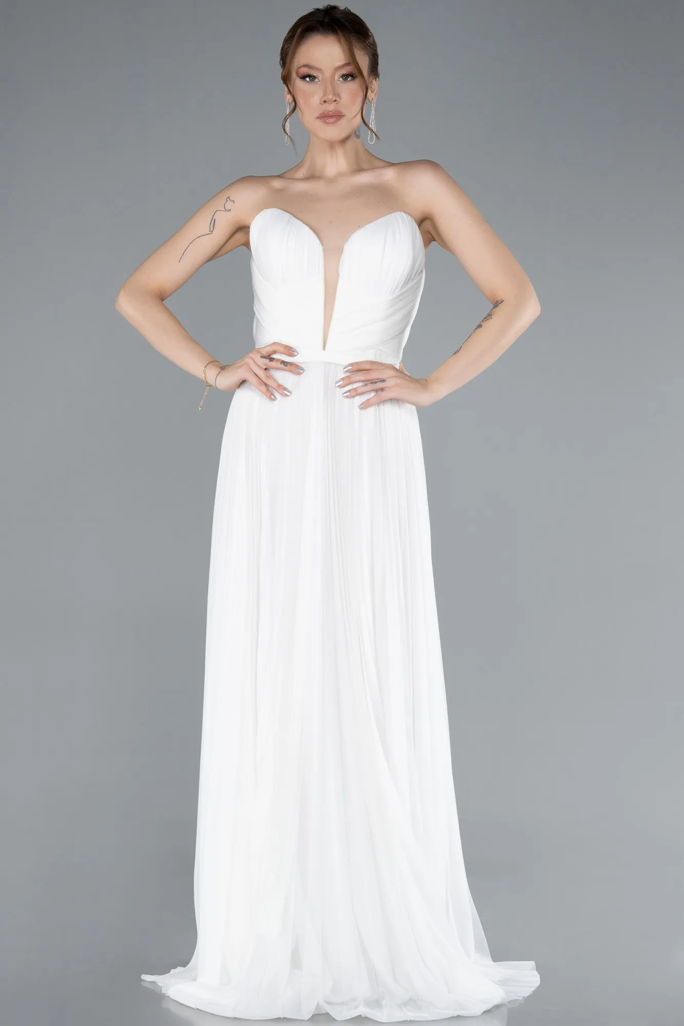 Ecru-Strapless Long Evening Dress ABU4813