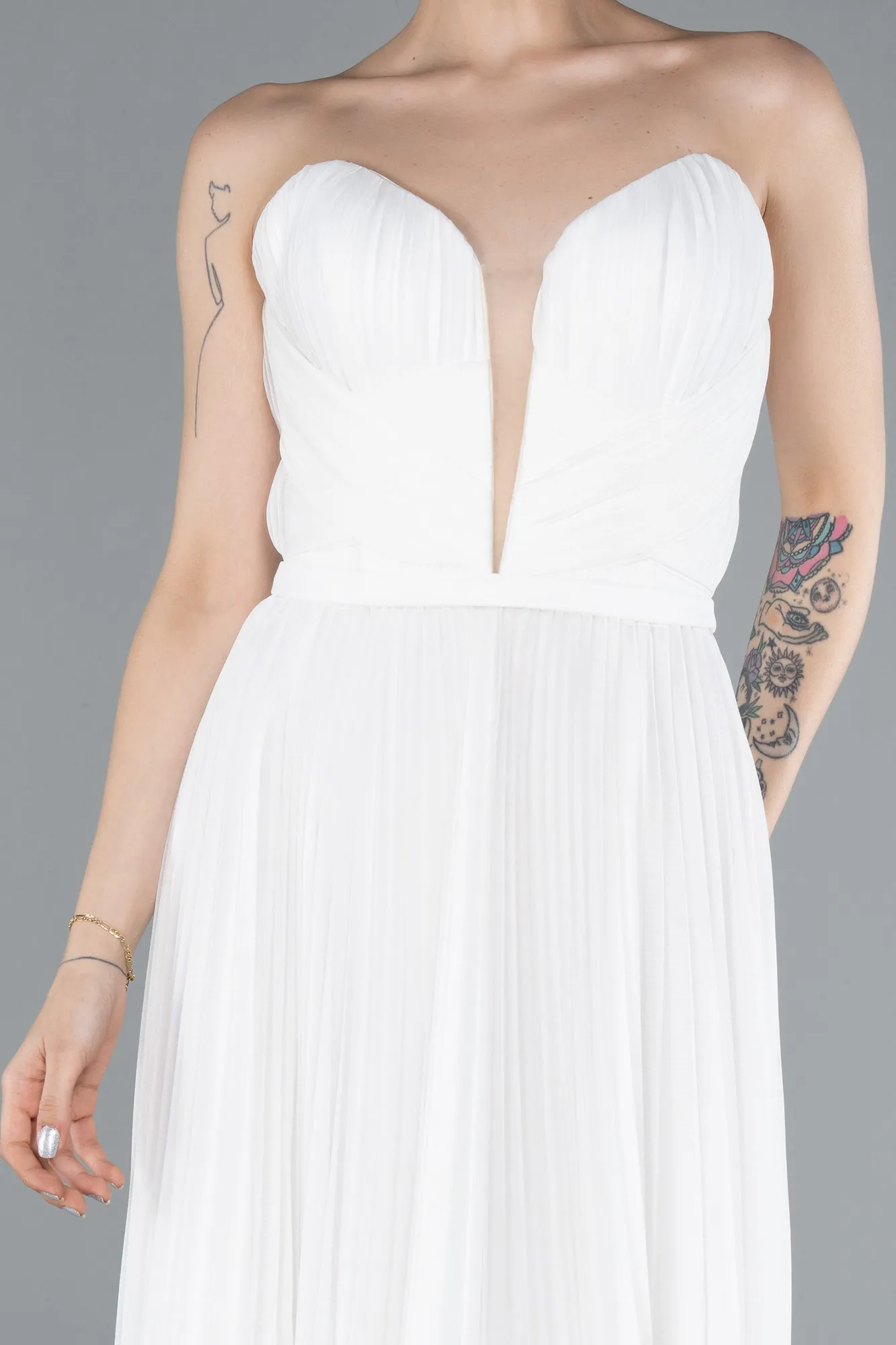 Ecru-Strapless Long Evening Dress ABU4813