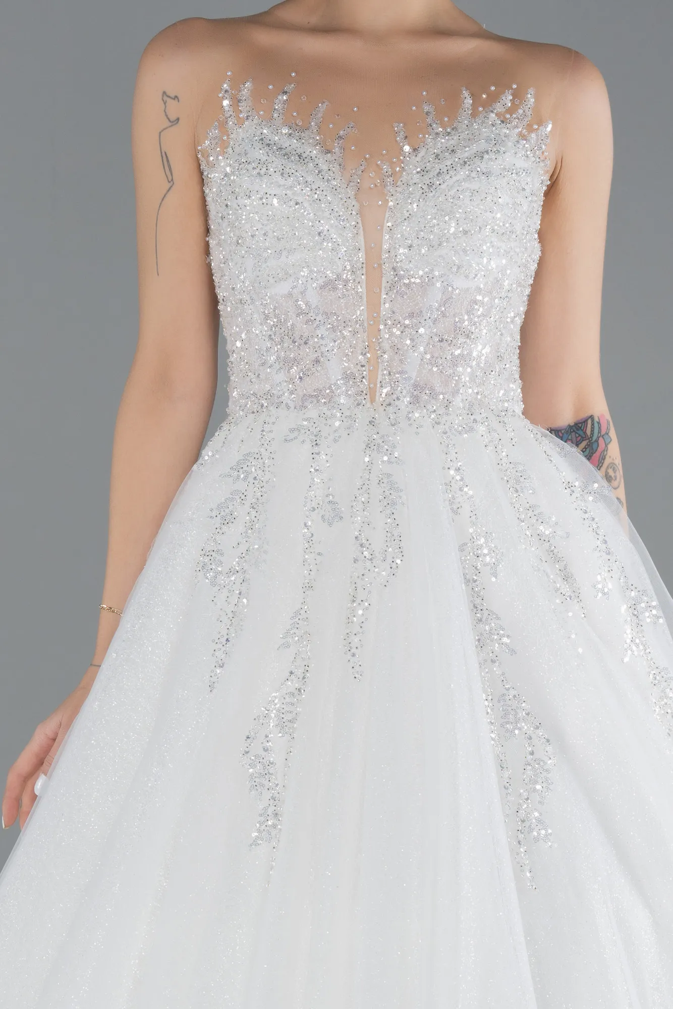 Ecru-Strapless Long Neckline Stoned Princess Wedding Dress ABG034