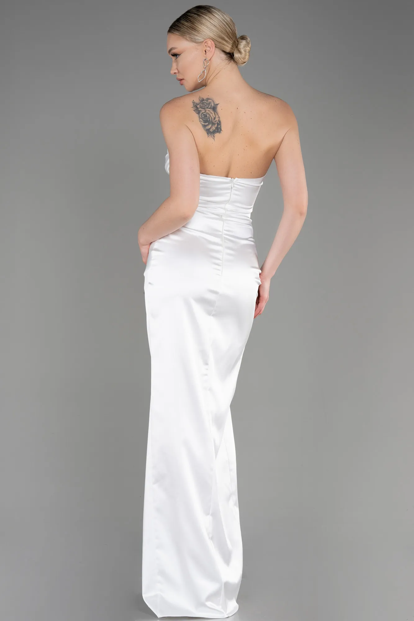 Ecru-Strapless Long Satin Evening Dress ABU3825