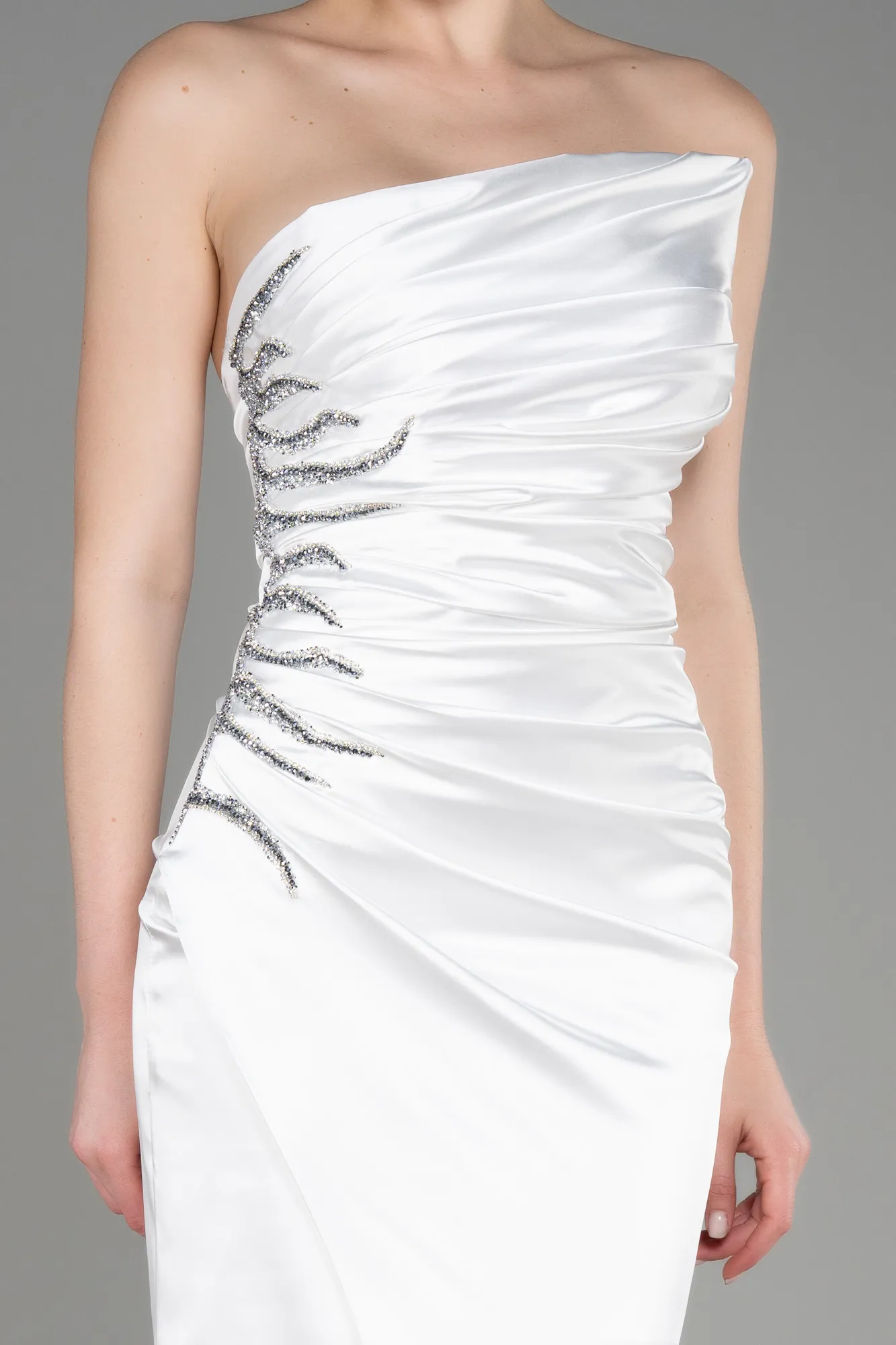 Ecru-Strapless Long Satin Evening Dress ABU3825