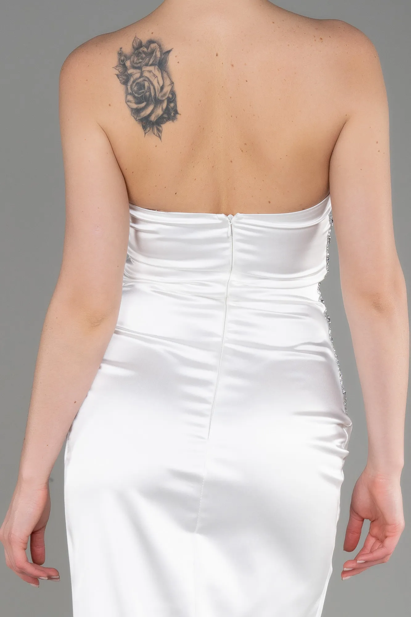 Ecru-Strapless Long Satin Evening Dress ABU3825