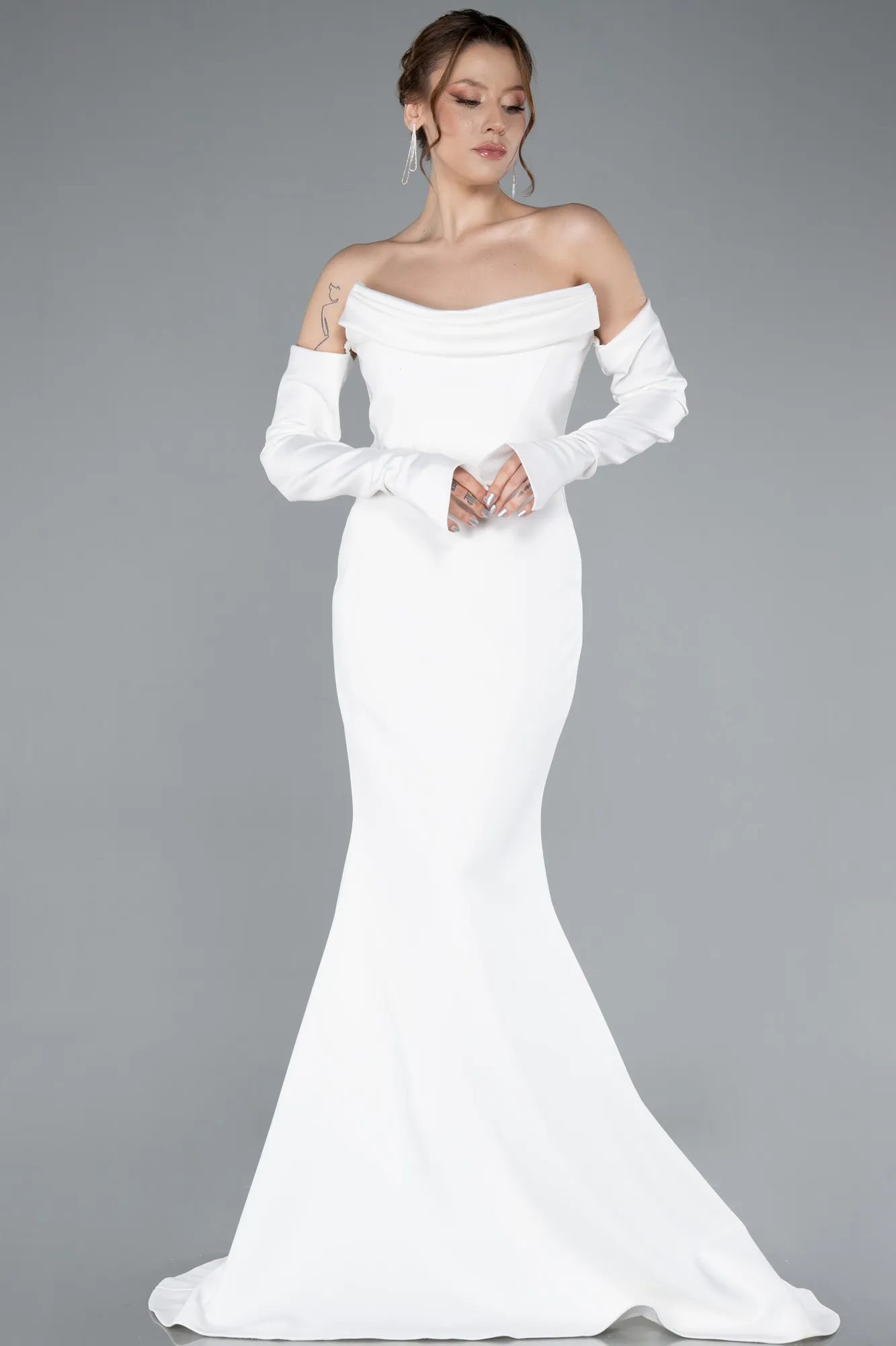 Ecru-Strapless Long Sleeve Accessory Mermaid Evening Gown ABU4796
