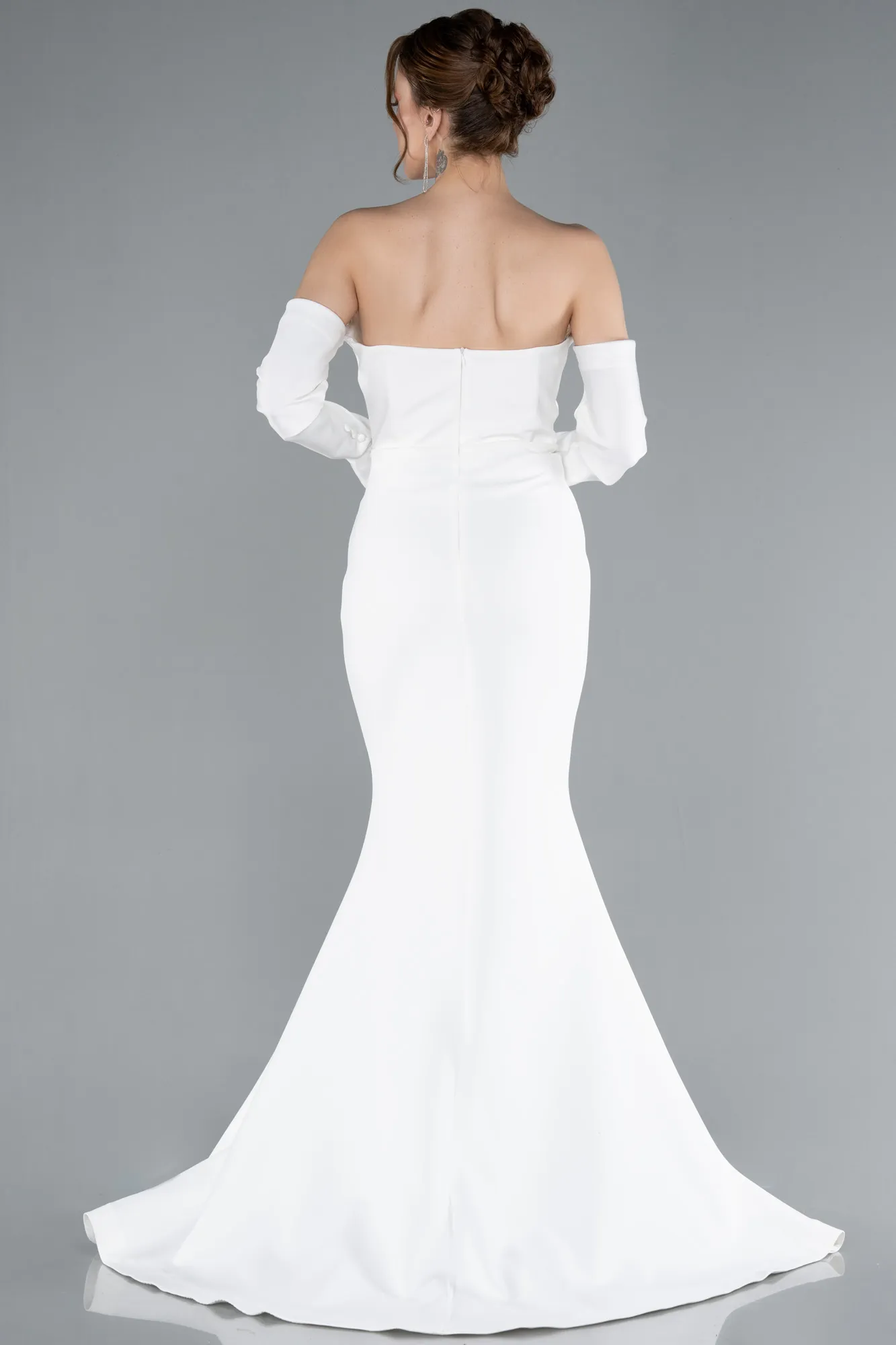 Ecru-Strapless Long Sleeve Accessory Mermaid Evening Gown ABU4796