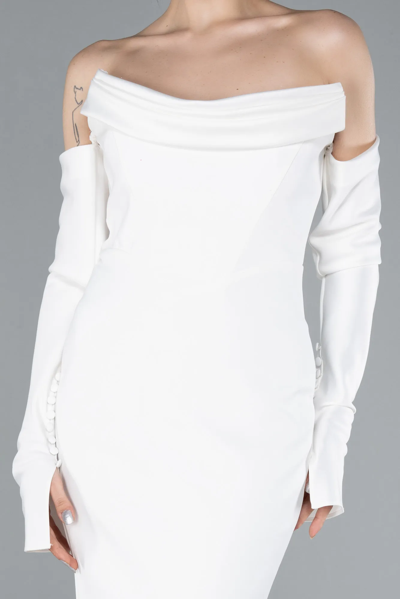 Ecru-Strapless Long Sleeve Accessory Mermaid Evening Gown ABU4796