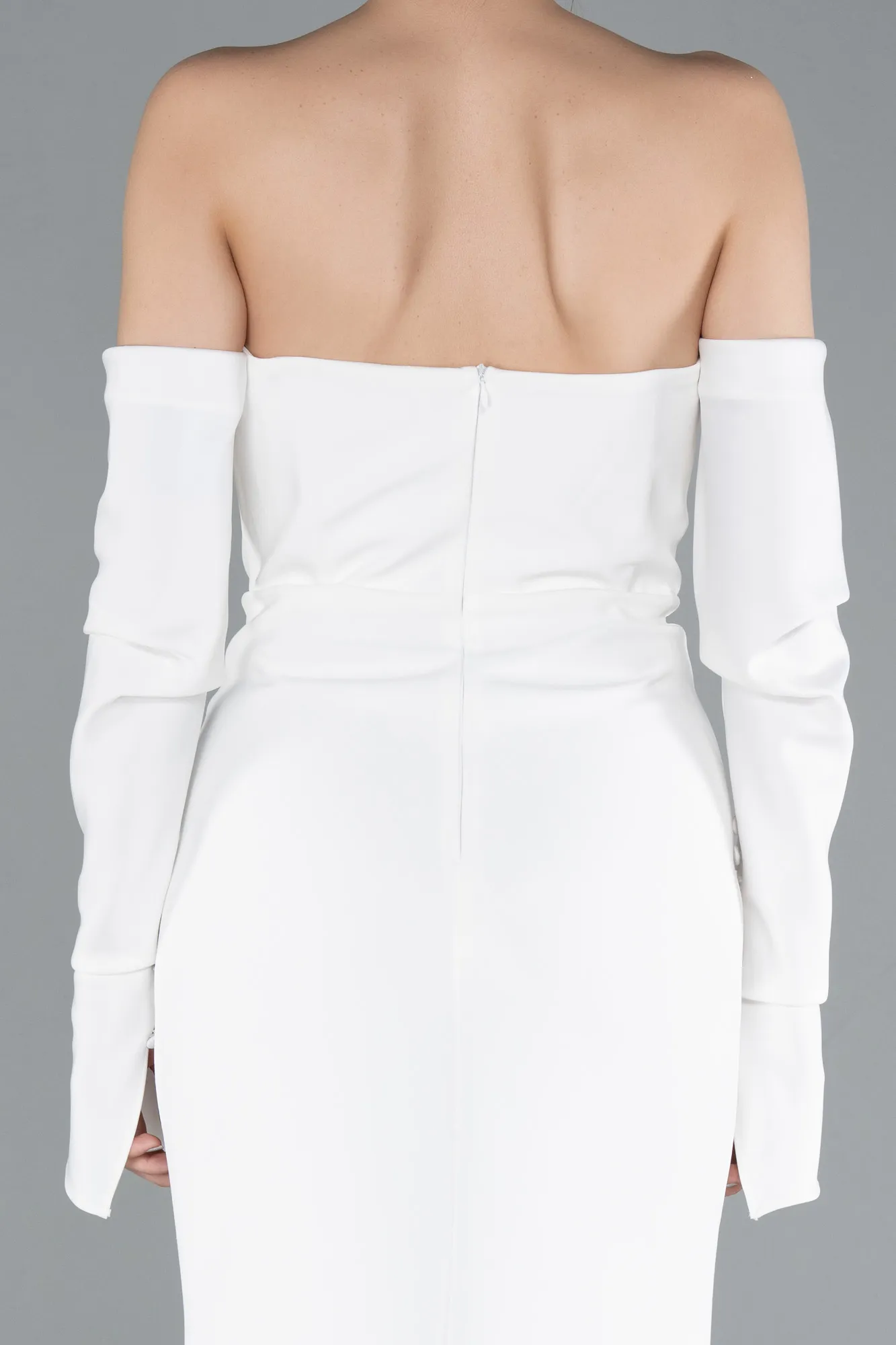 Ecru-Strapless Long Sleeve Accessory Mermaid Evening Gown ABU4796