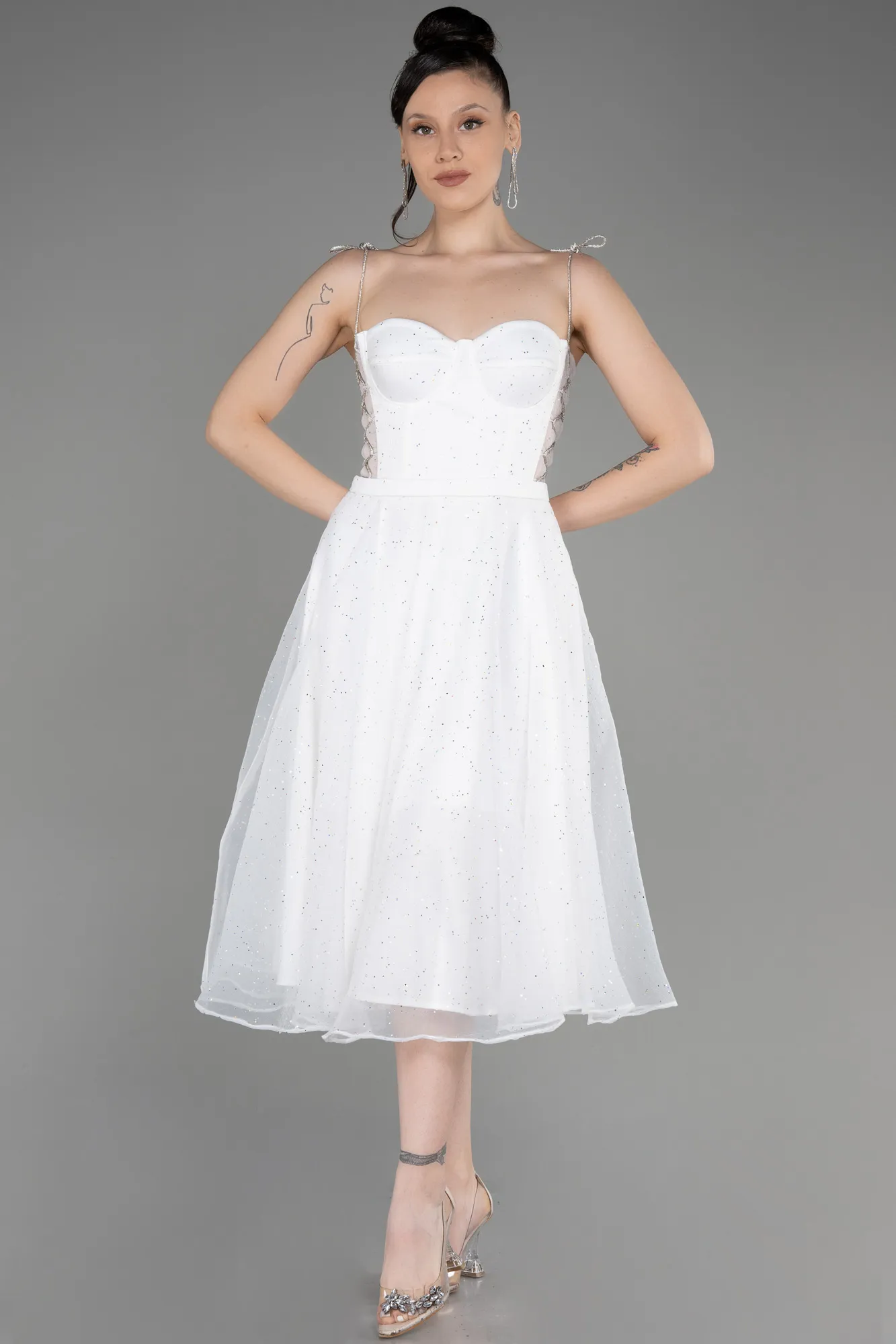 Ecru-Strapless Midi Glittery Cocktail Dress ABK2032