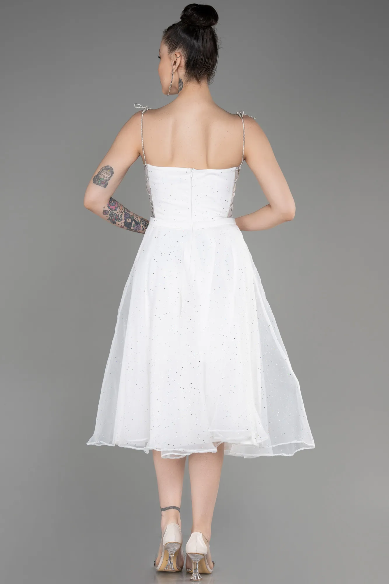 Ecru-Strapless Midi Glittery Cocktail Dress ABK2032