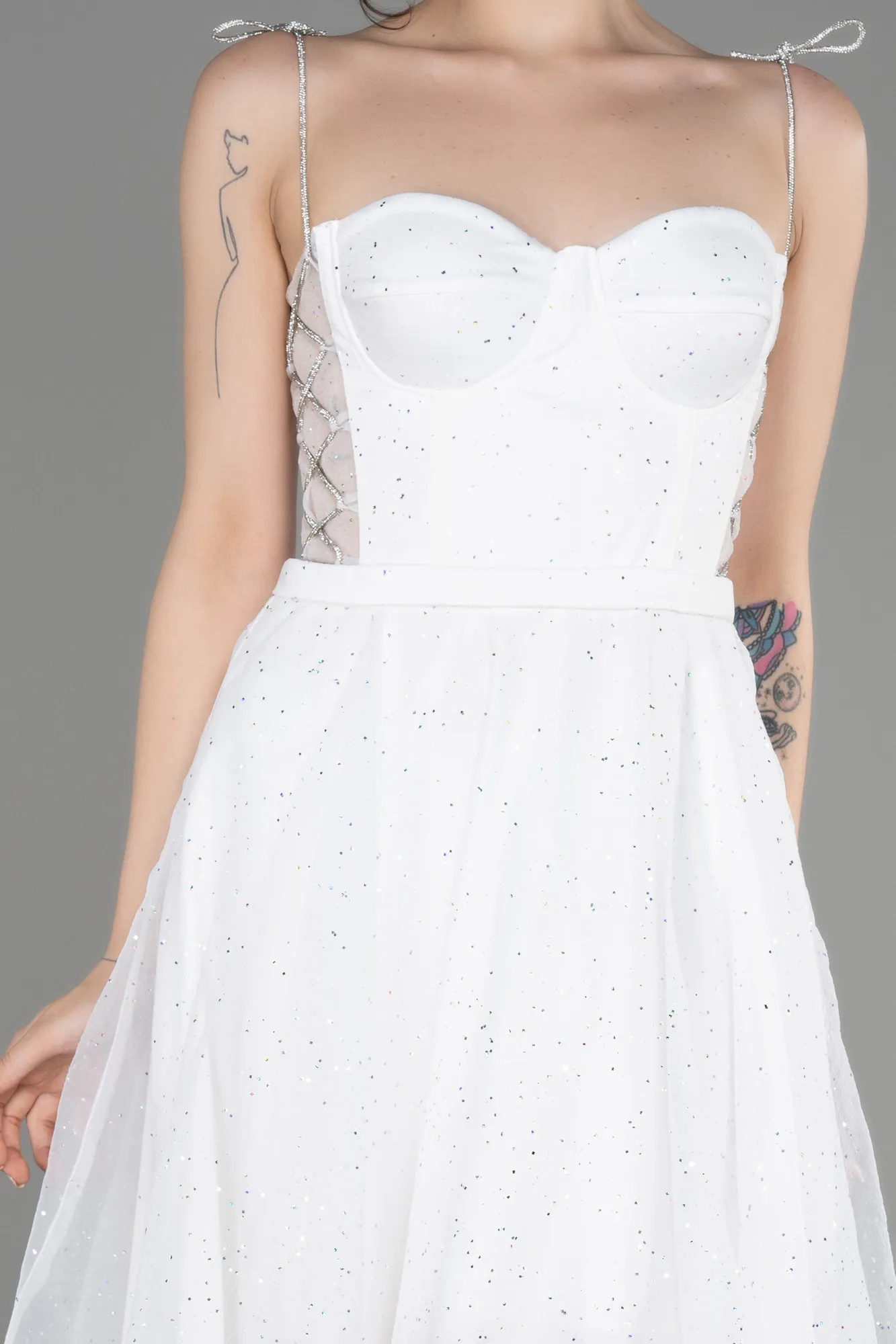 Ecru-Strapless Midi Glittery Cocktail Dress ABK2032