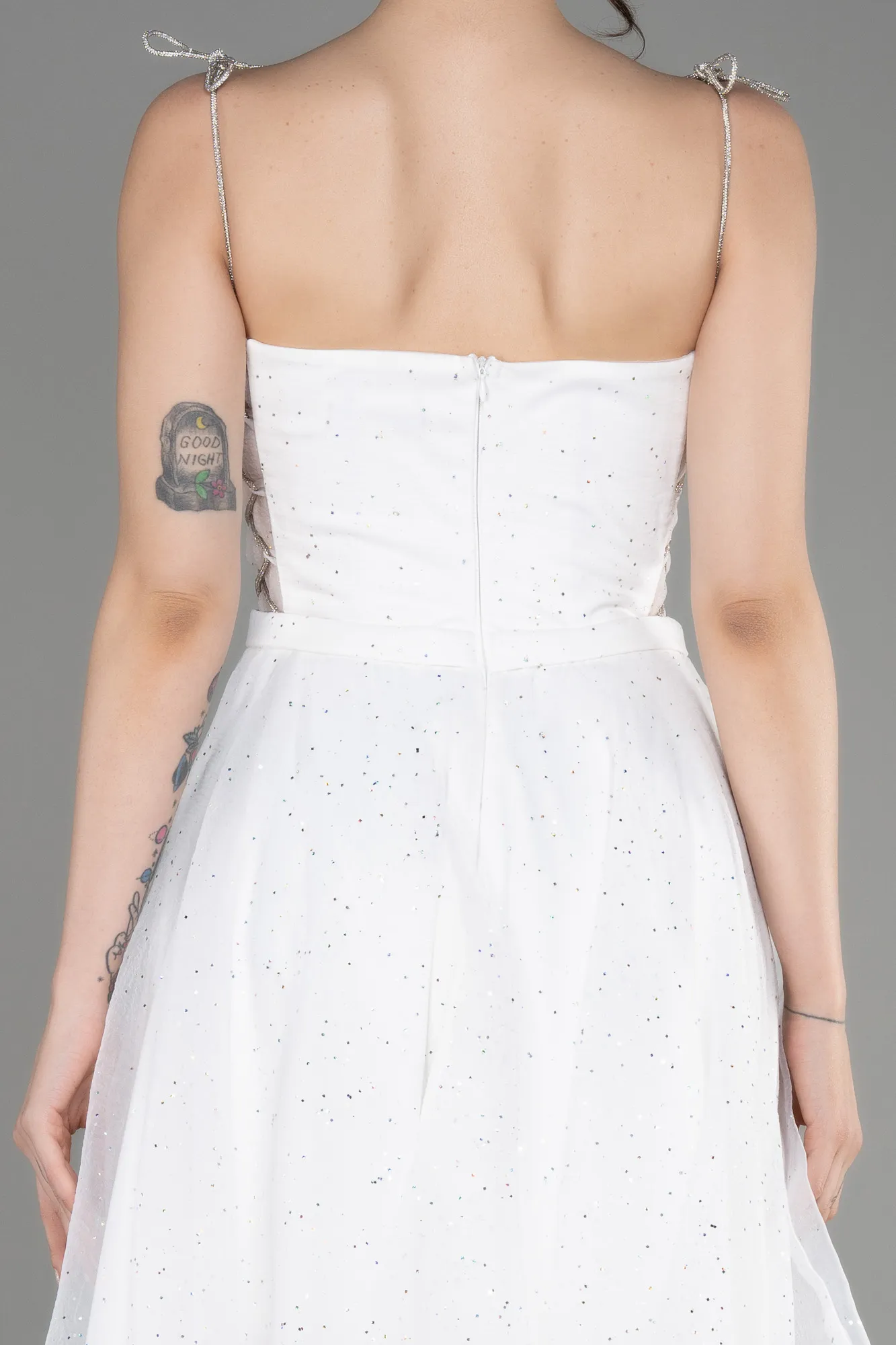 Ecru-Strapless Midi Glittery Cocktail Dress ABK2032