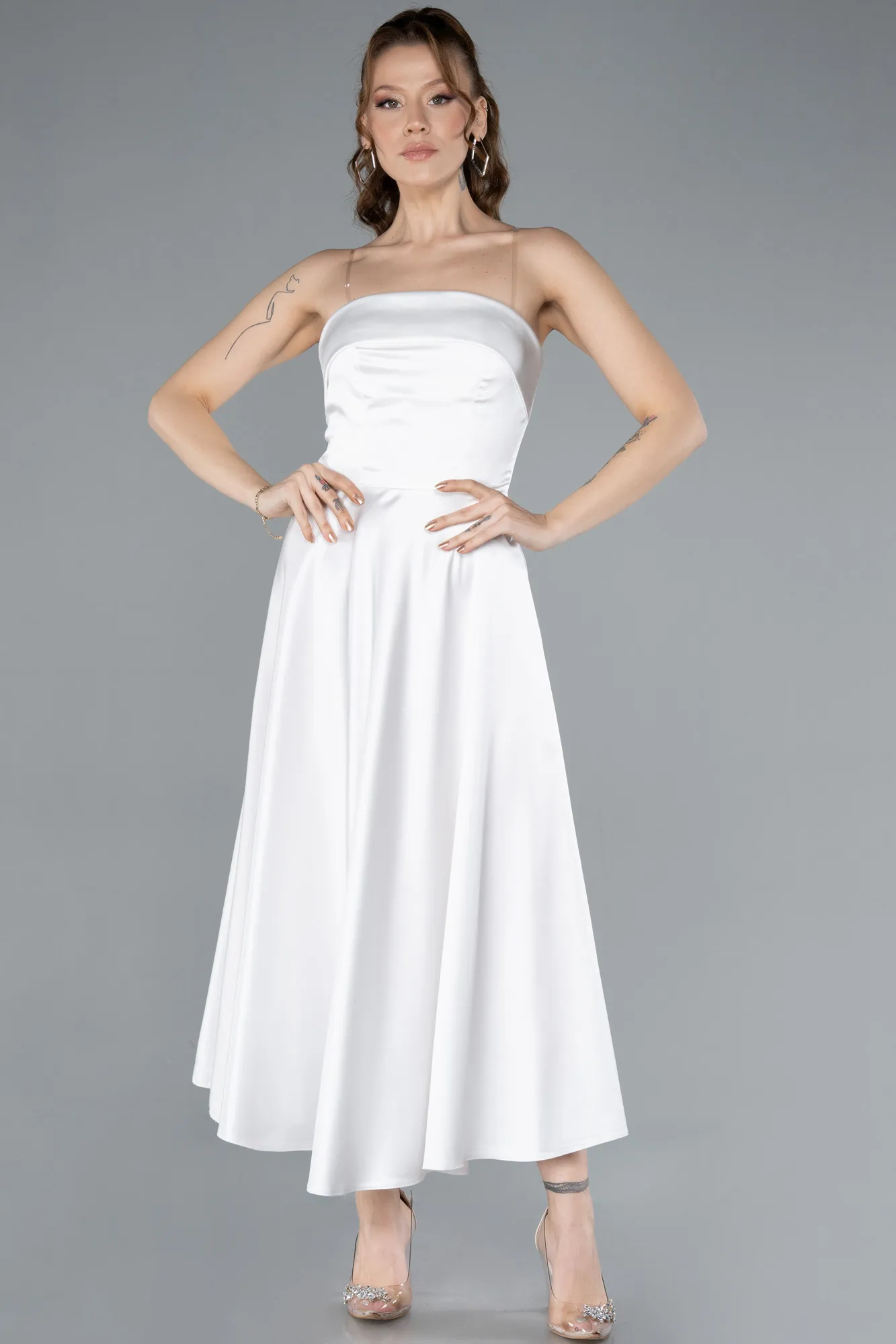 Ecru-Strapless Midi Satin Cocktail Dress ABK2275
