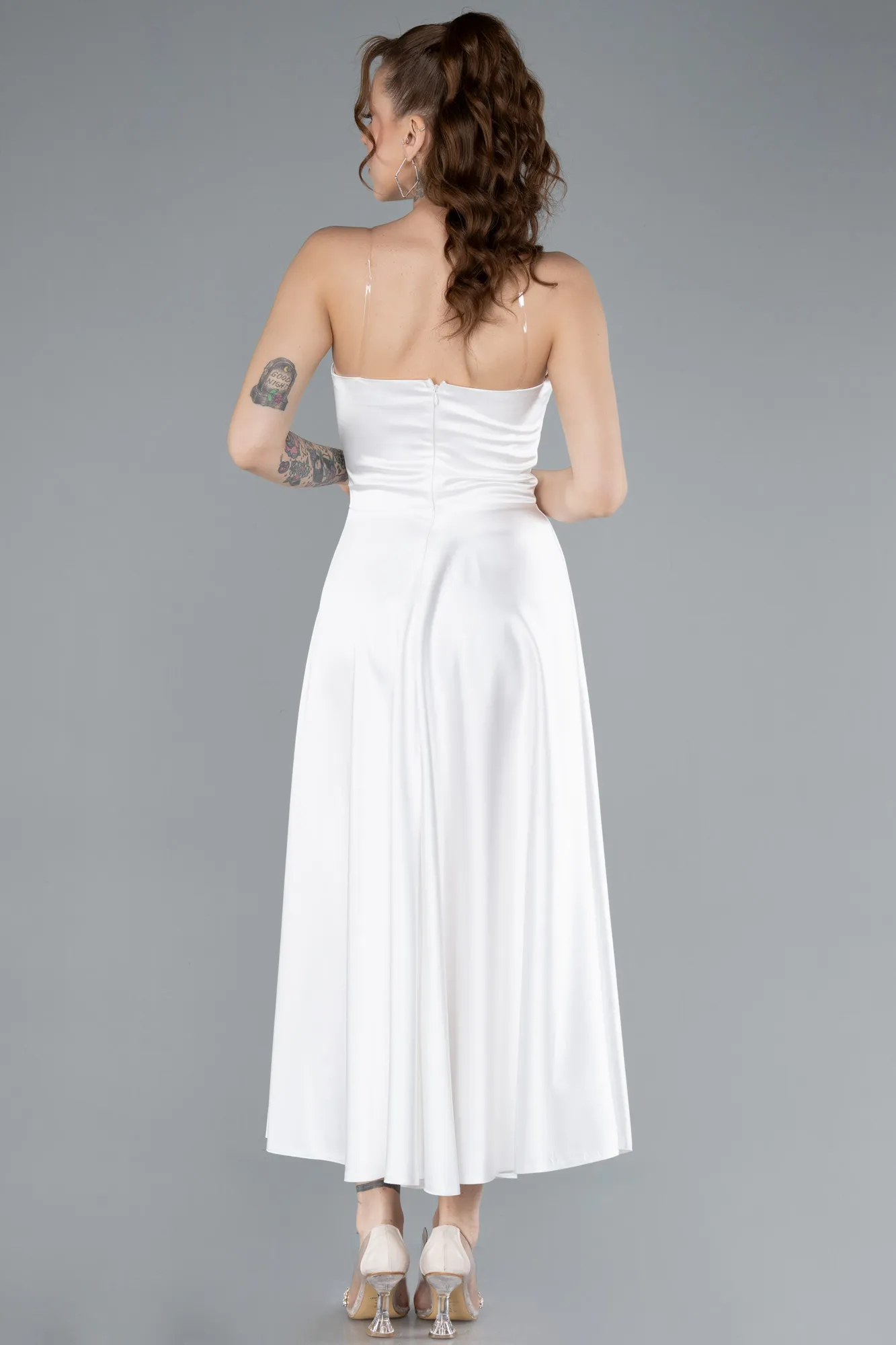 Ecru-Strapless Midi Satin Cocktail Dress ABK2275