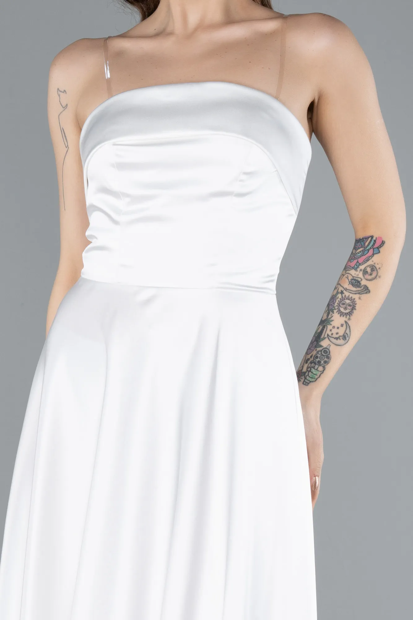 Ecru-Strapless Midi Satin Cocktail Dress ABK2275