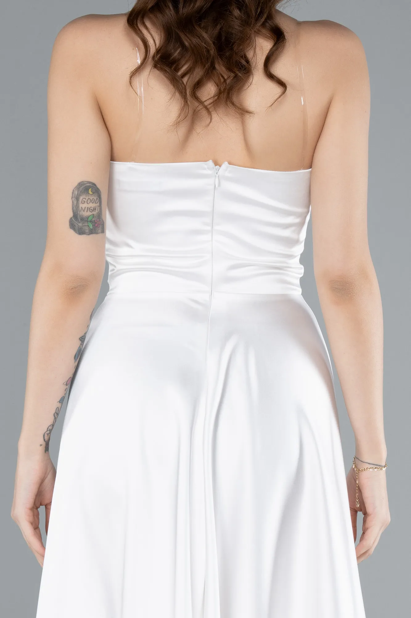 Ecru-Strapless Midi Satin Cocktail Dress ABK2275