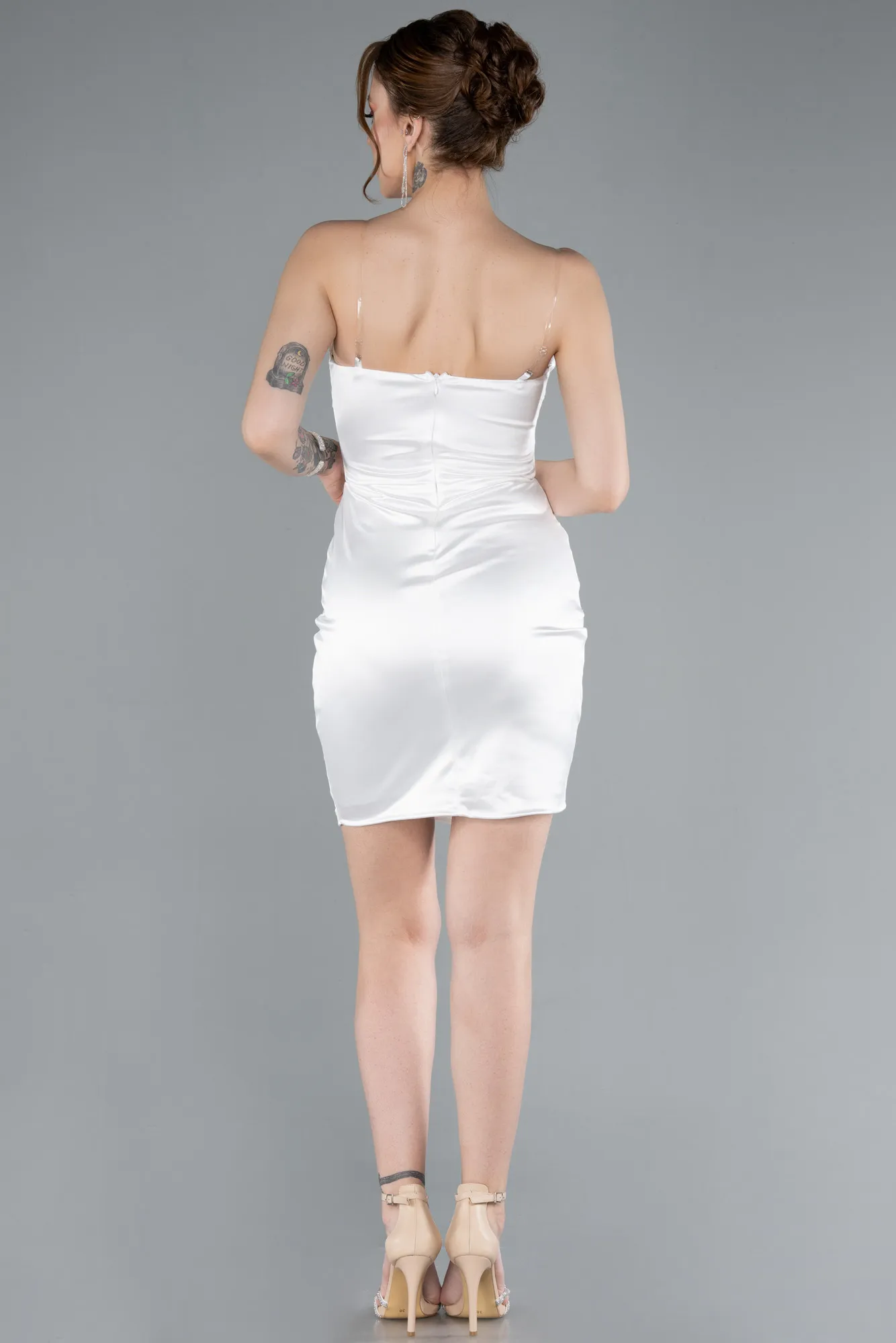 Ecru-Strapless Neck Mini Satin Party Dress ABK2289