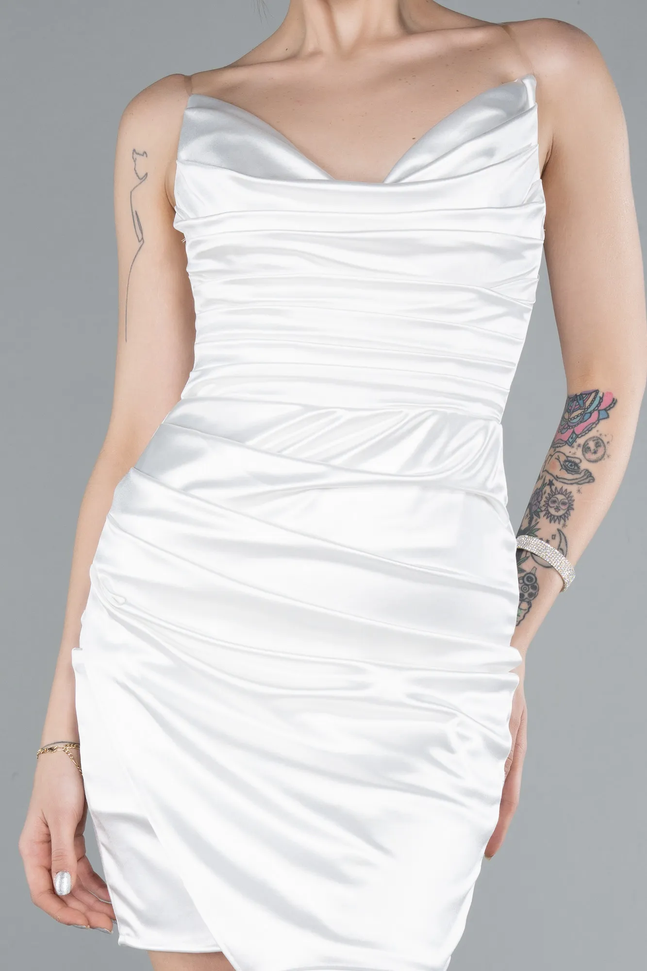 Ecru-Strapless Neck Mini Satin Party Dress ABK2289