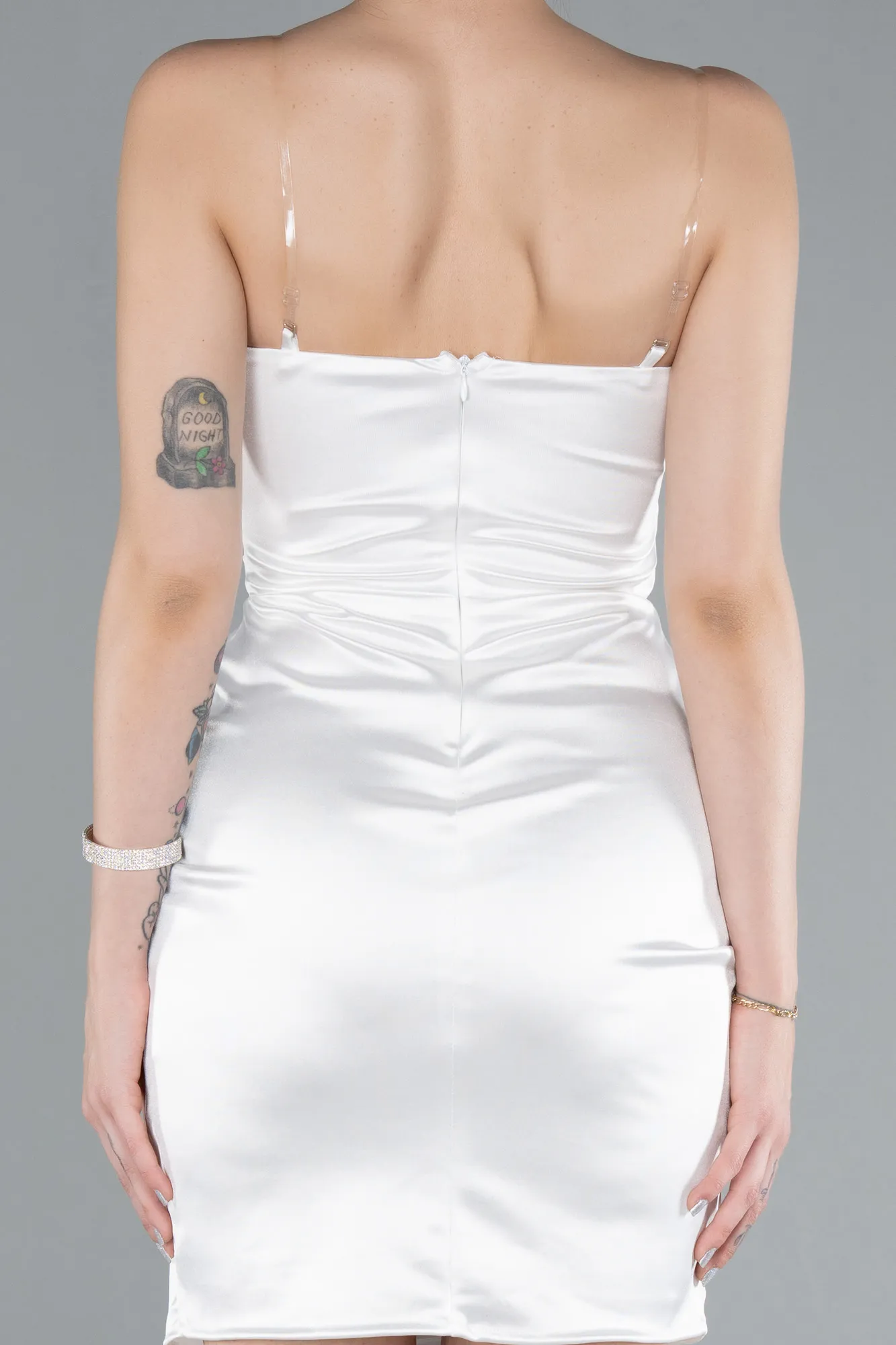 Ecru-Strapless Neck Mini Satin Party Dress ABK2289