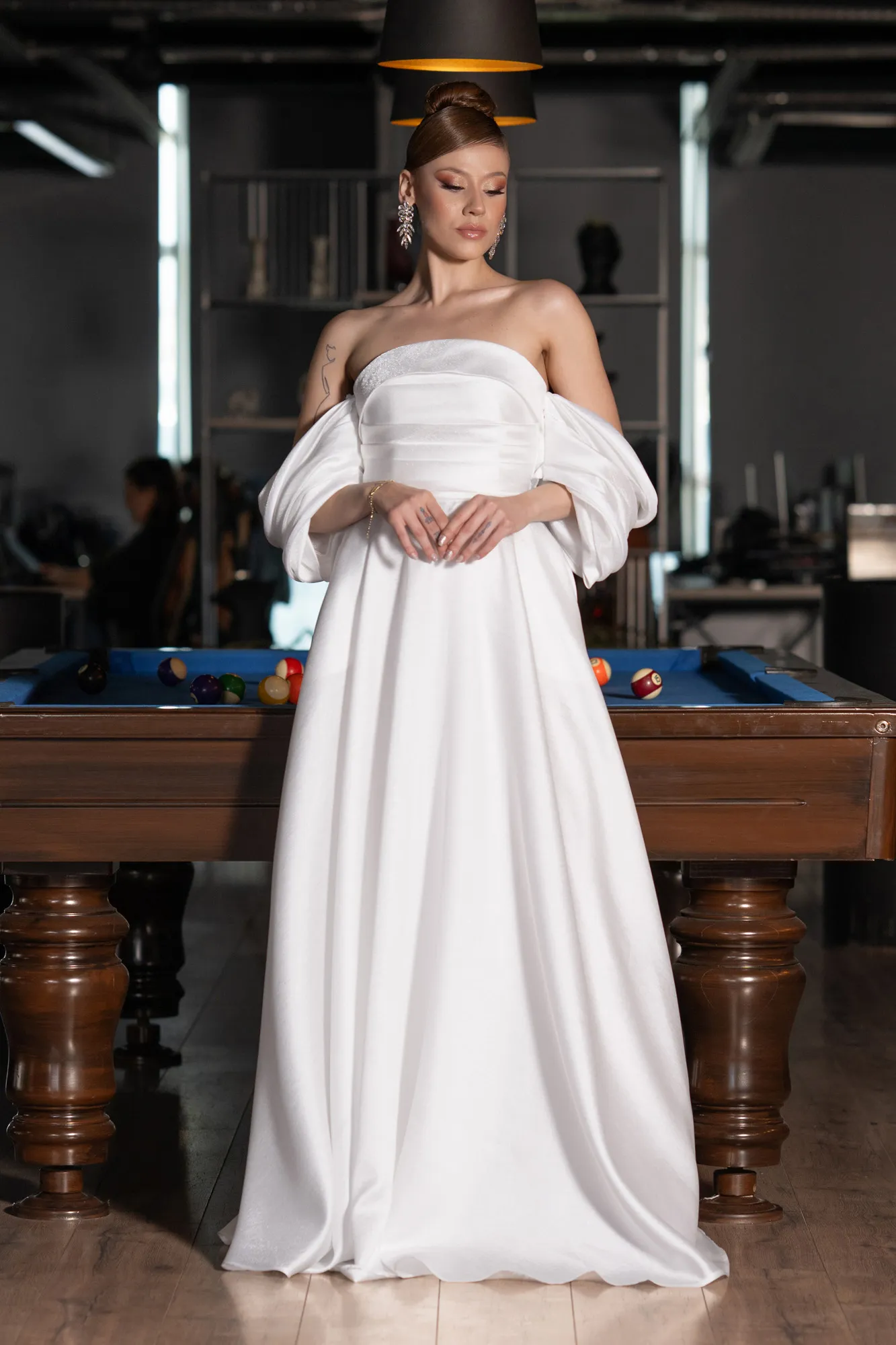 Ecru-Strapless Puff Sleeves Long Taffeta Prom Dress ABU4783