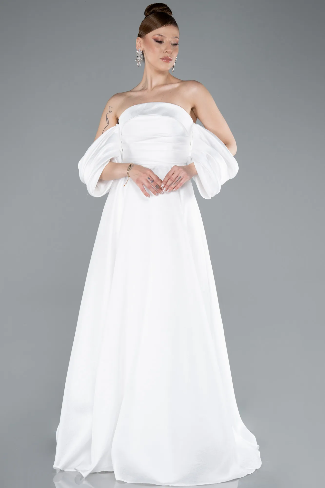 Ecru-Strapless Puff Sleeves Long Taffeta Prom Dress ABU4783