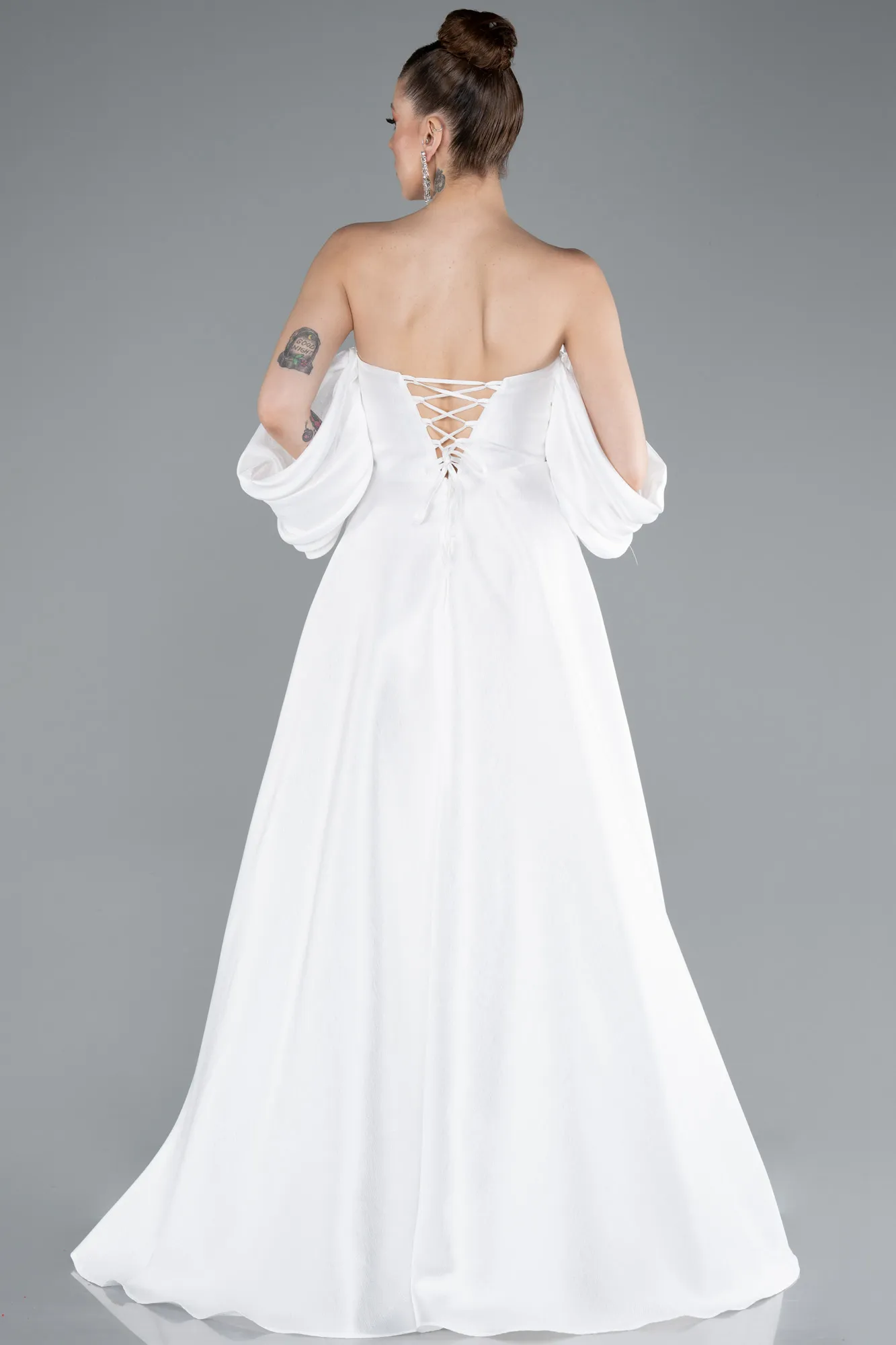 Ecru-Strapless Puff Sleeves Long Taffeta Prom Dress ABU4783