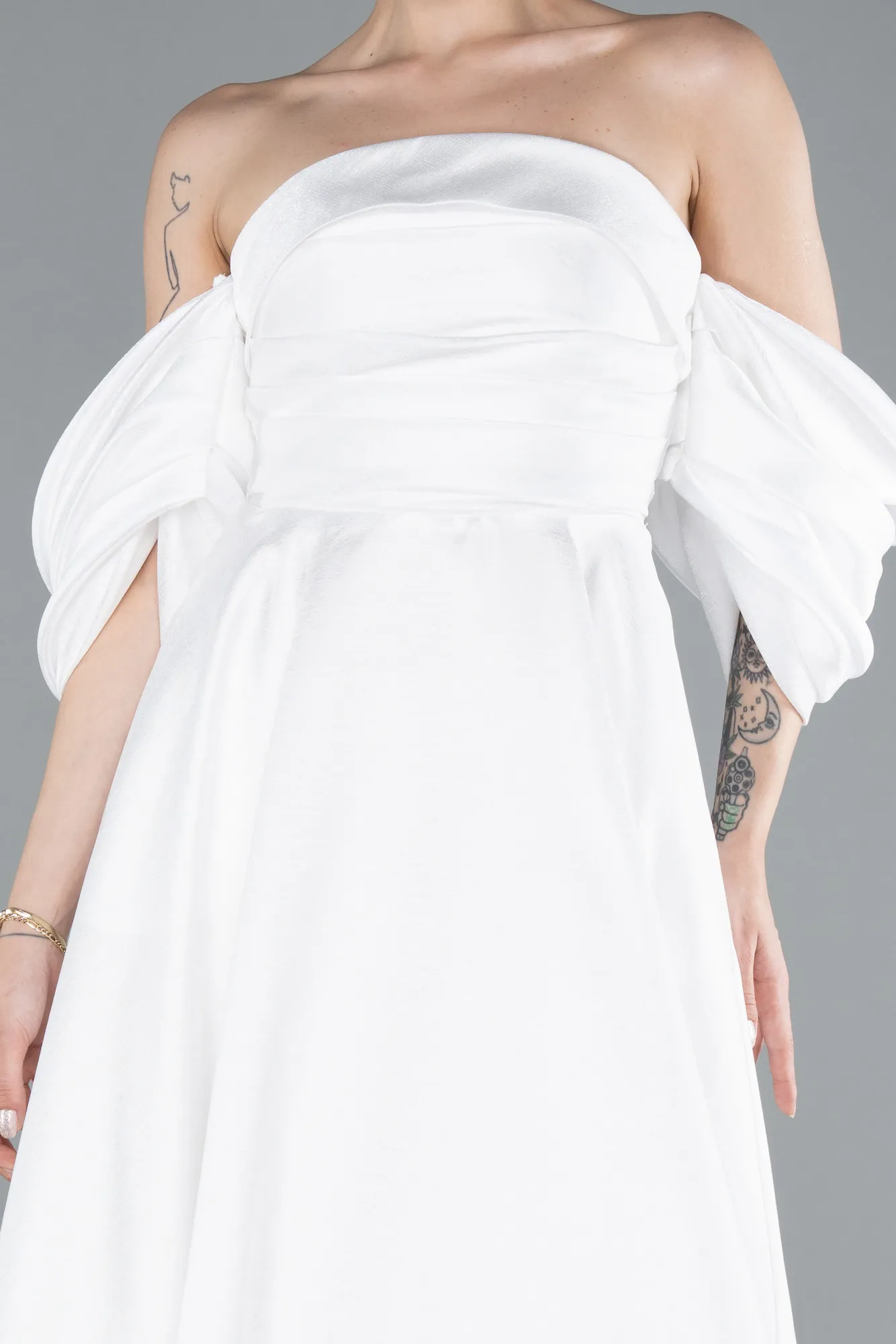 Ecru-Strapless Puff Sleeves Long Taffeta Prom Dress ABU4783