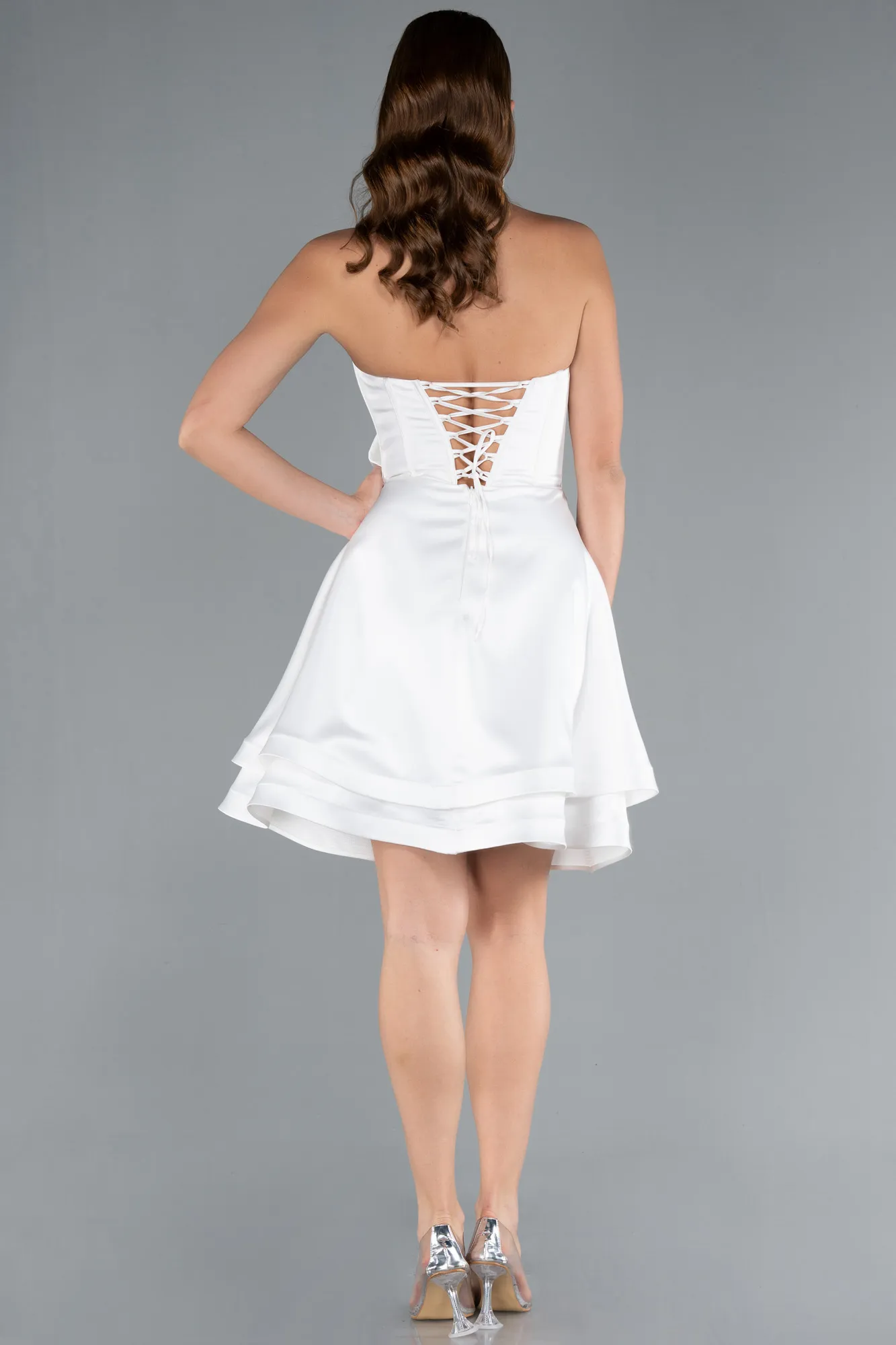 Ecru-Strapless Satin Short Prom Dress ABK2310