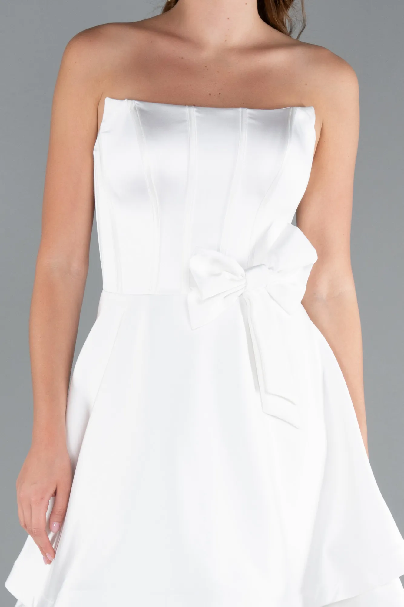 Ecru-Strapless Satin Short Prom Dress ABK2310