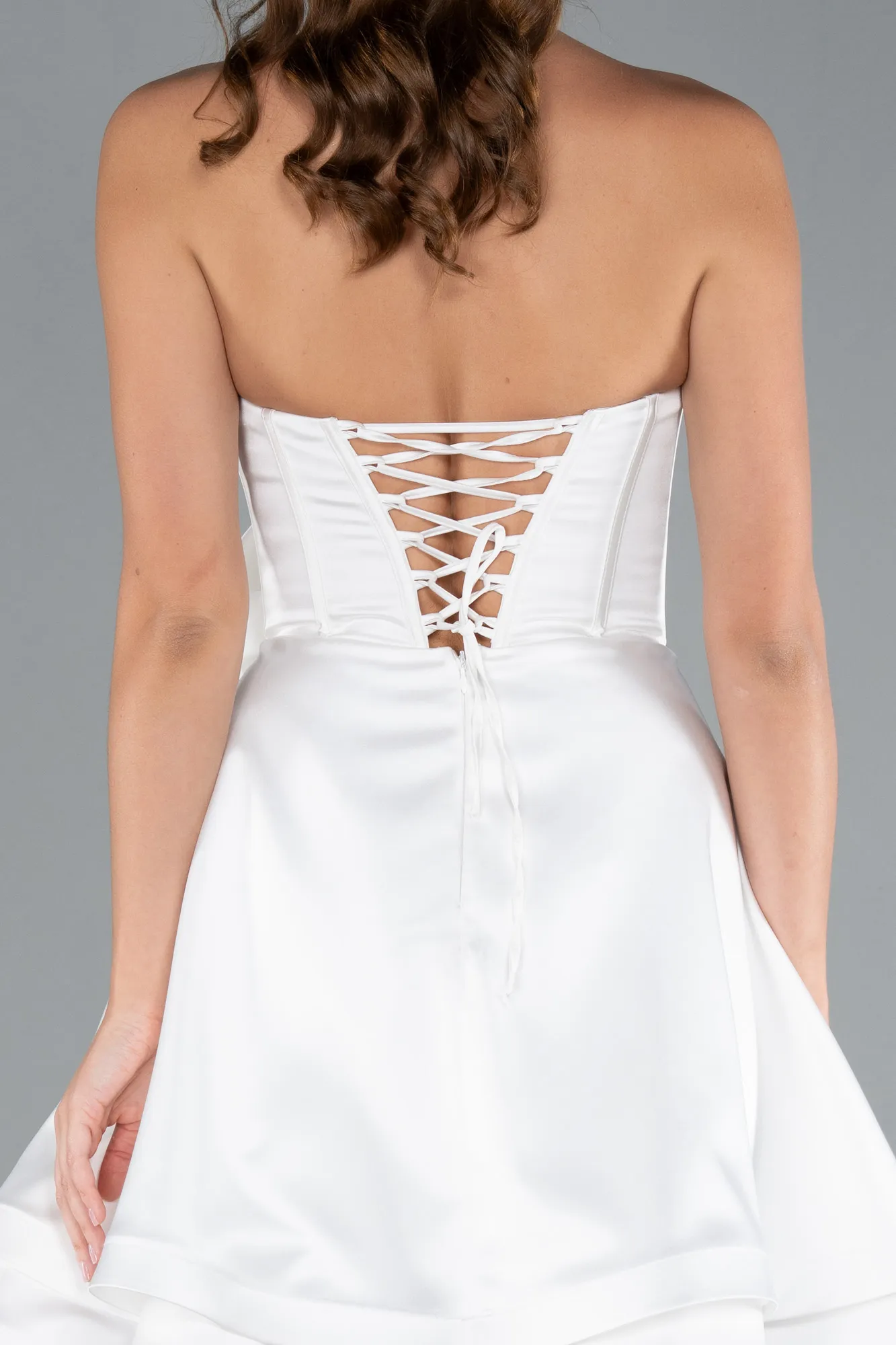 Ecru-Strapless Satin Short Prom Dress ABK2310