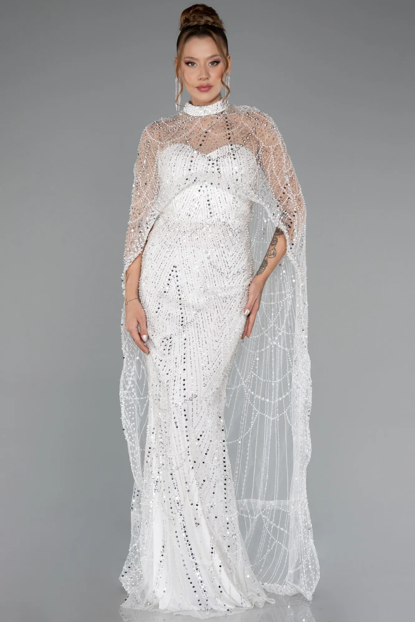 Ecru-Strapless Shawl Stoned Long Evening Gown ABU4517