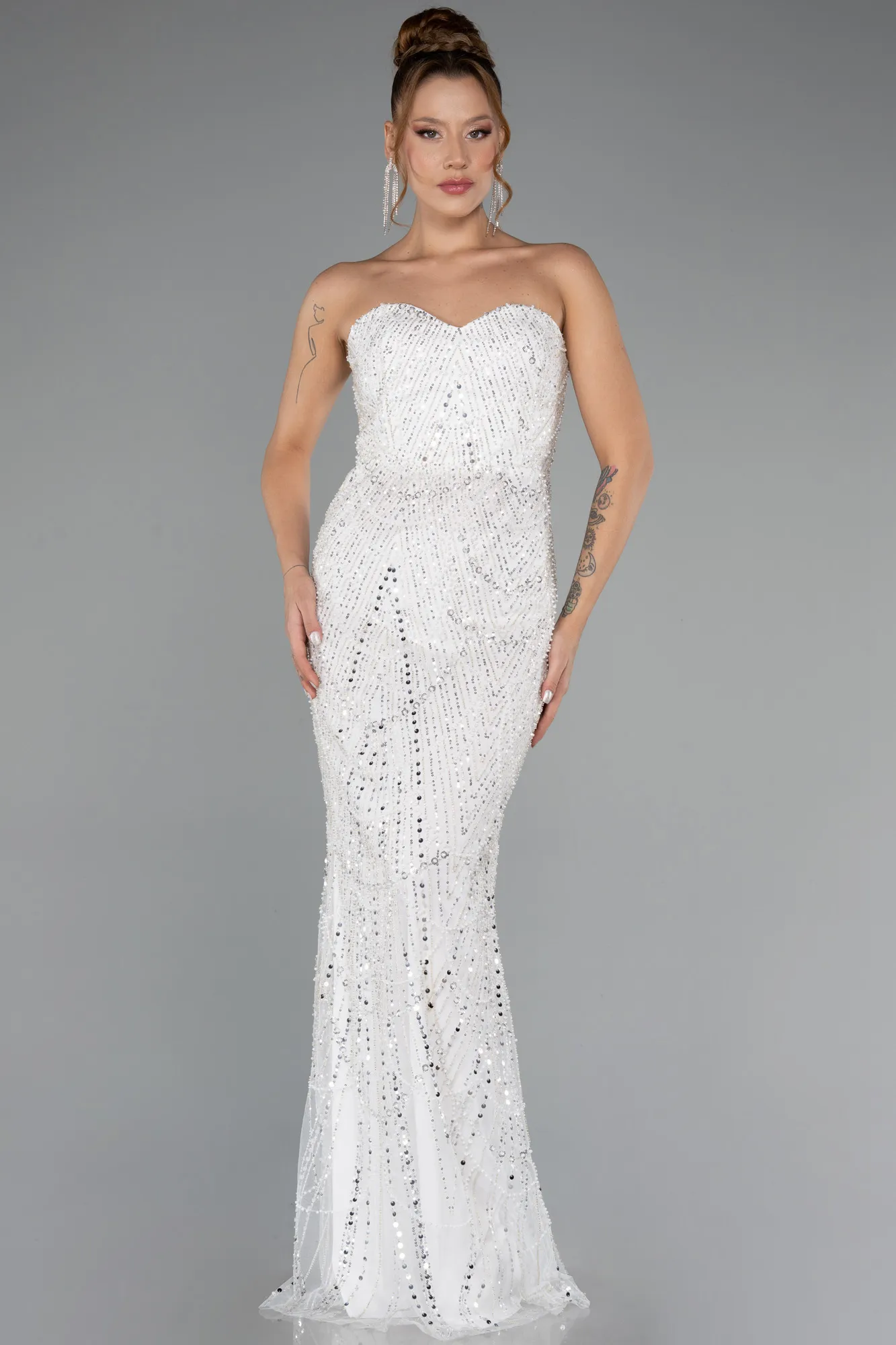 Ecru-Strapless Shawl Stoned Long Evening Gown ABU4517