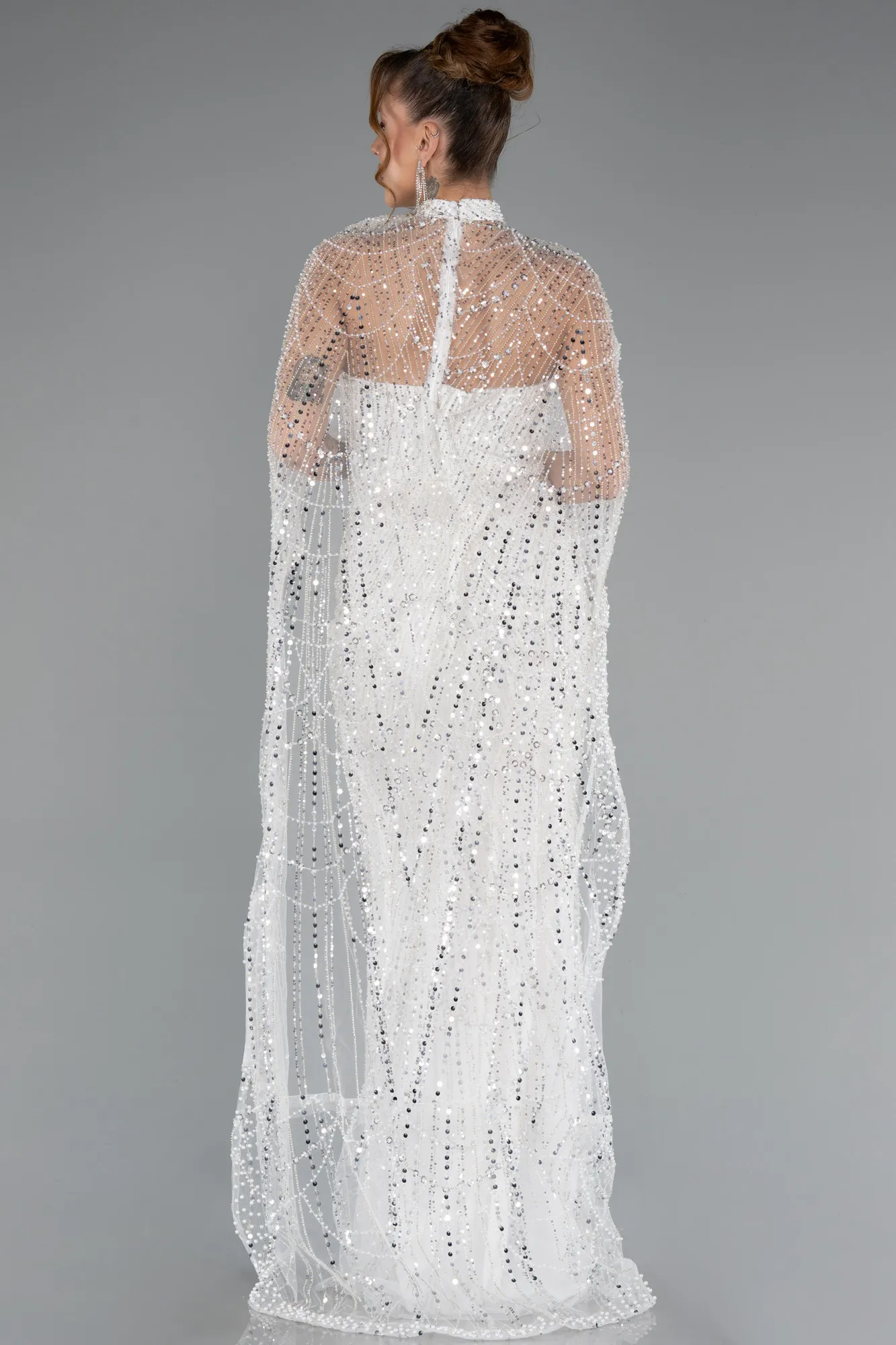 Ecru-Strapless Shawl Stoned Long Evening Gown ABU4517