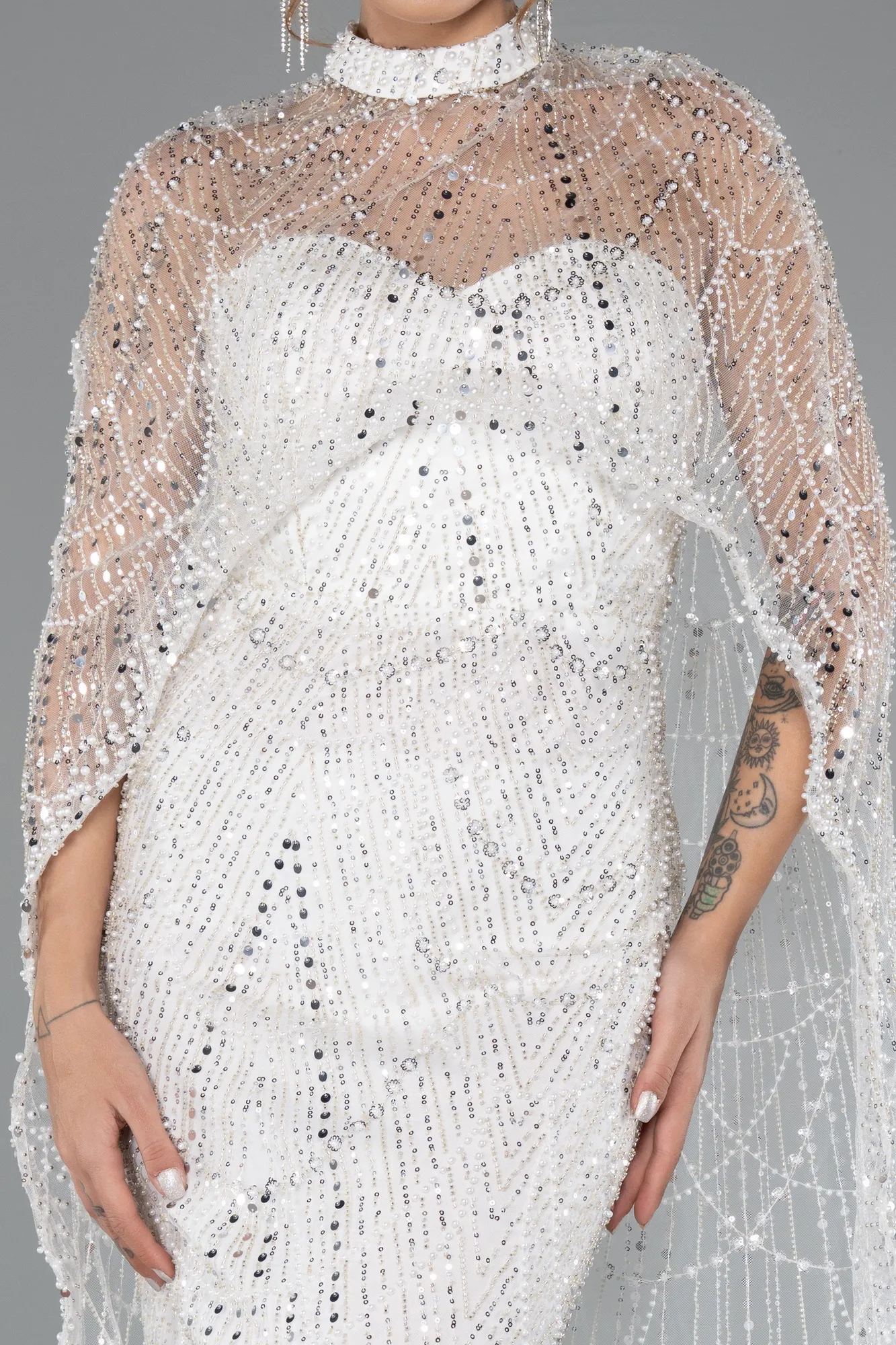 Ecru-Strapless Shawl Stoned Long Evening Gown ABU4517