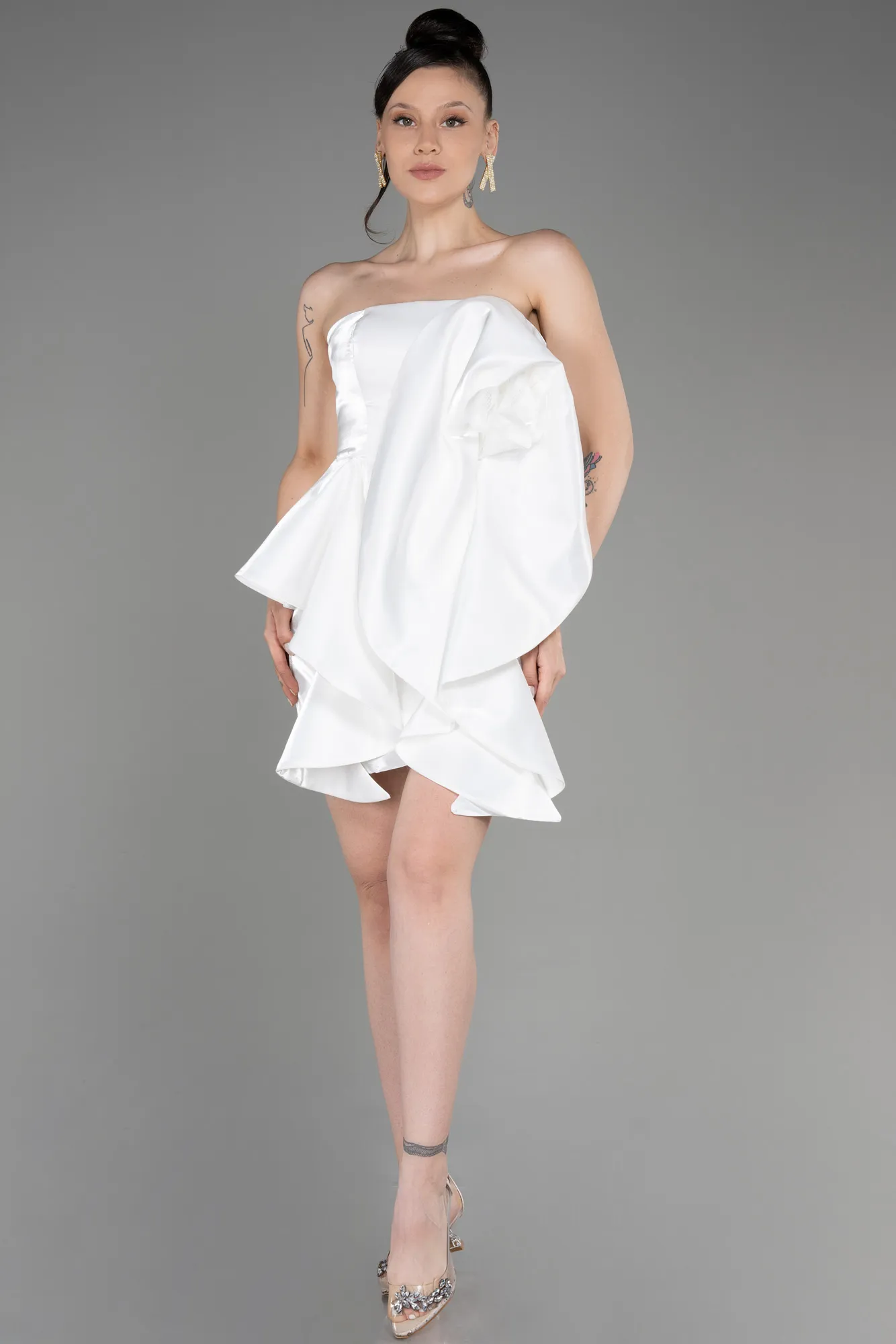 Ecru-Strapless Short Satin After Party Dress ABK2035