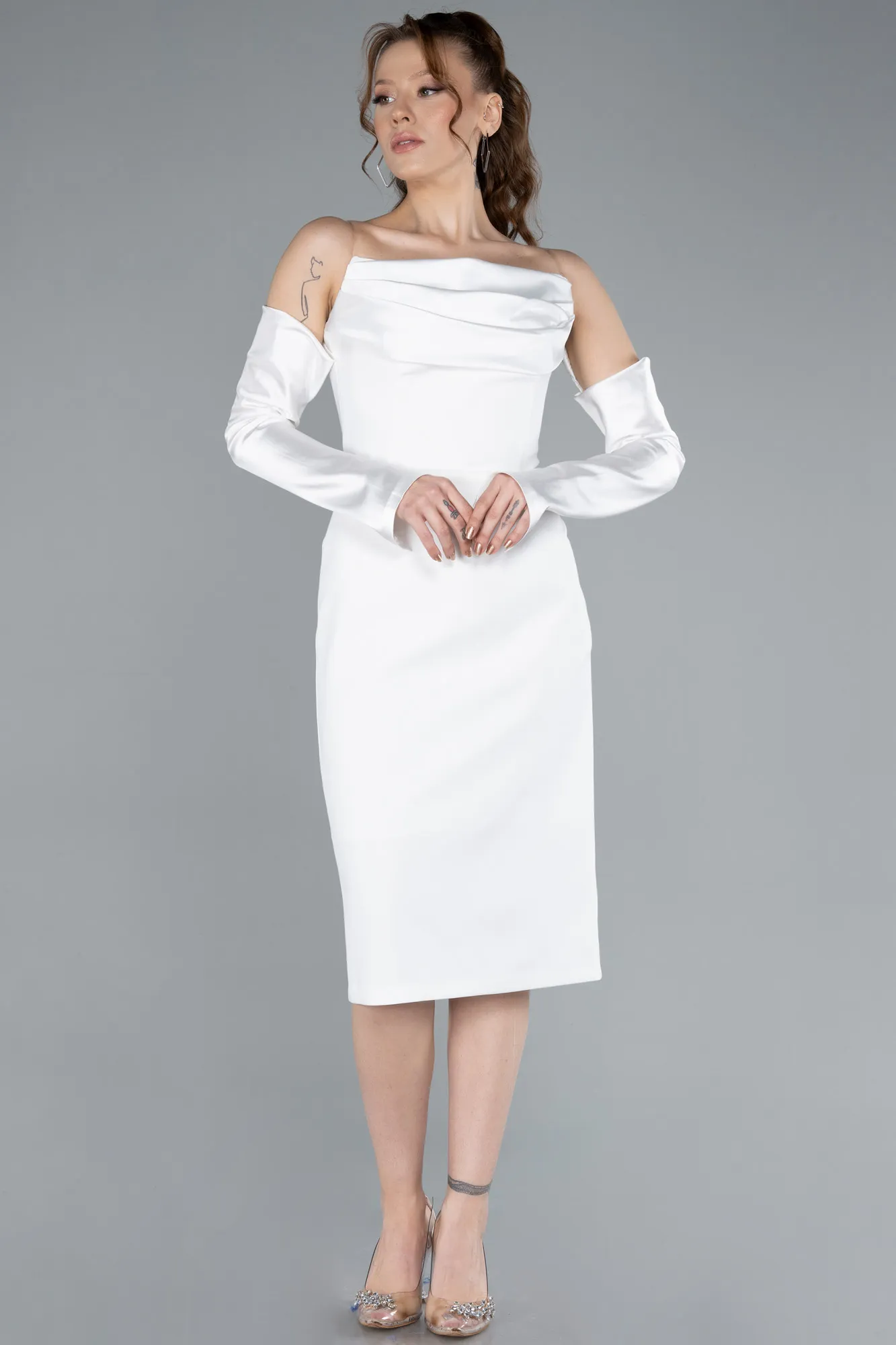 Ecru-Strapless Sleeve Accessory Midi Party Dress ABK2273