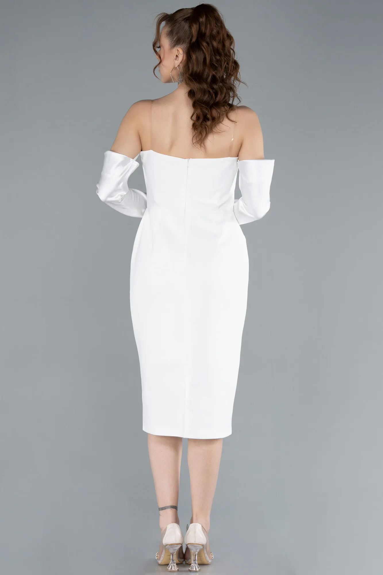 Ecru-Strapless Sleeve Accessory Midi Party Dress ABK2273