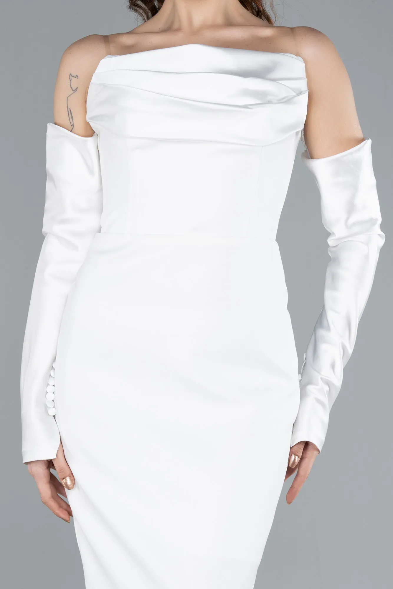 Ecru-Strapless Sleeve Accessory Midi Party Dress ABK2273