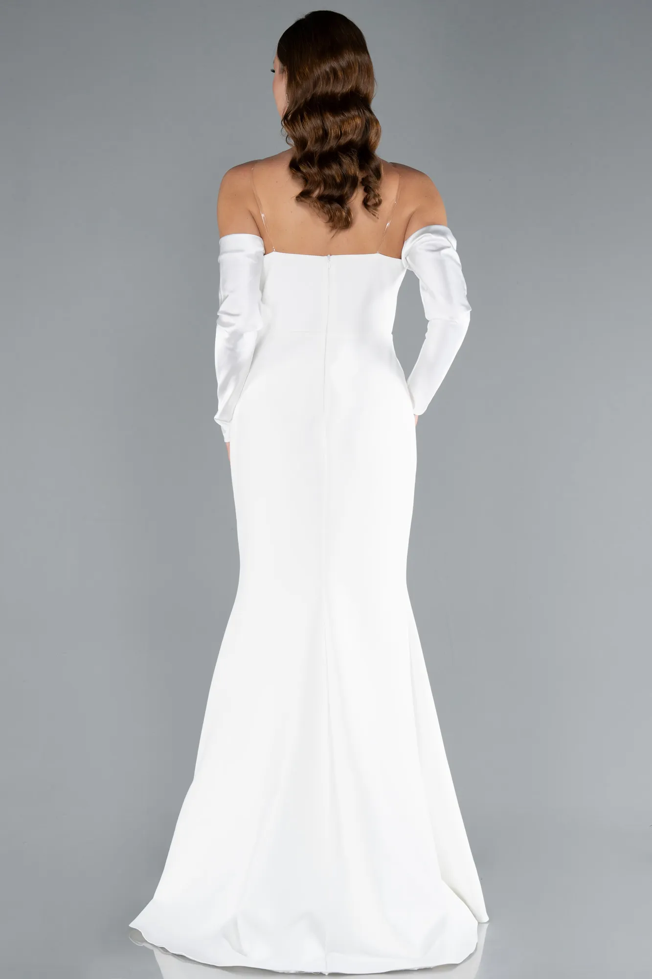 Ecru-Strapless Sleeve Accessory Slit Mermaid Prom Dress ABU4637