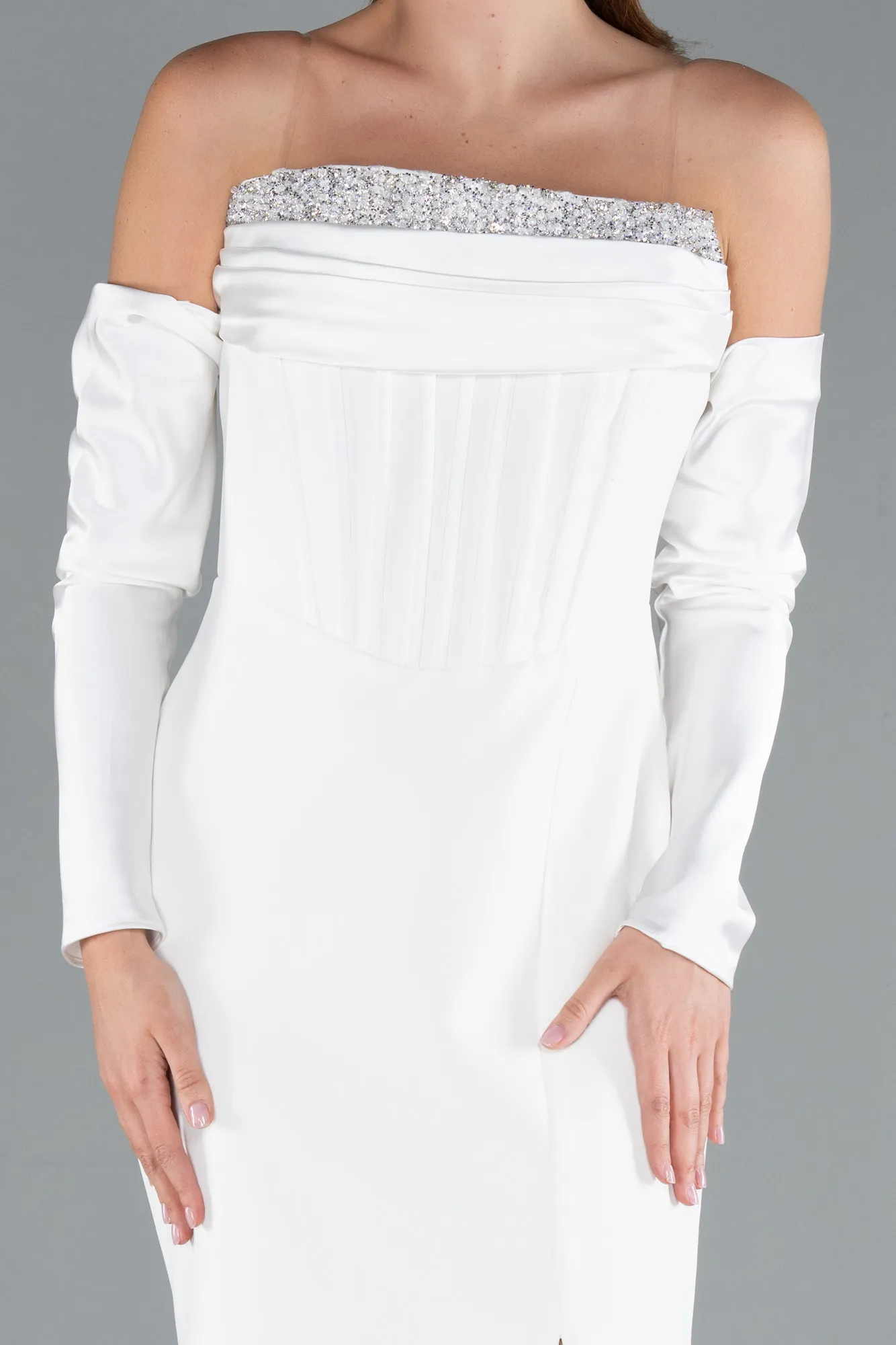 Ecru-Strapless Sleeve Accessory Slit Mermaid Prom Dress ABU4637