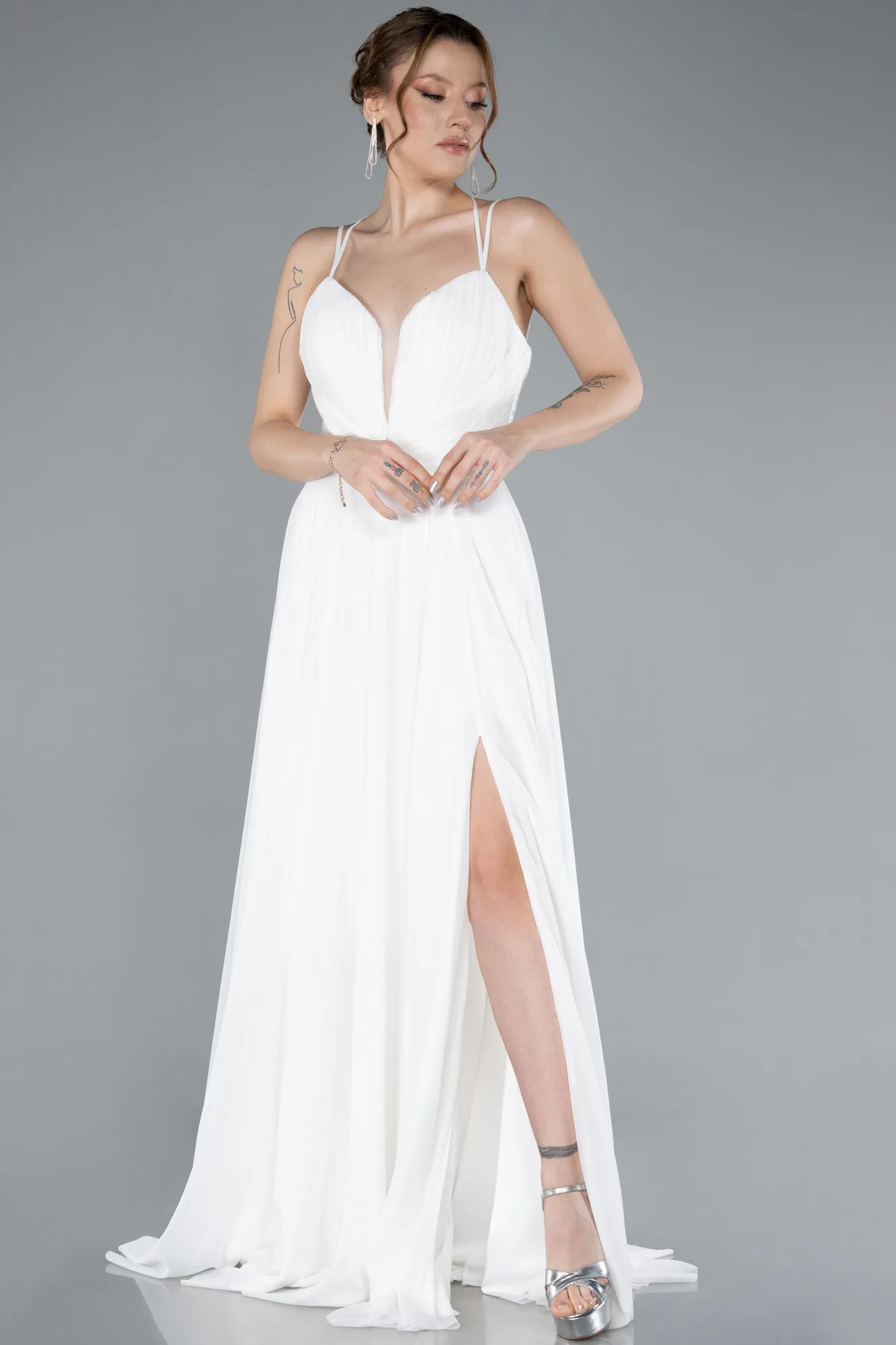 Ecru-Strapless Slit Long Evening Dress ABU4812