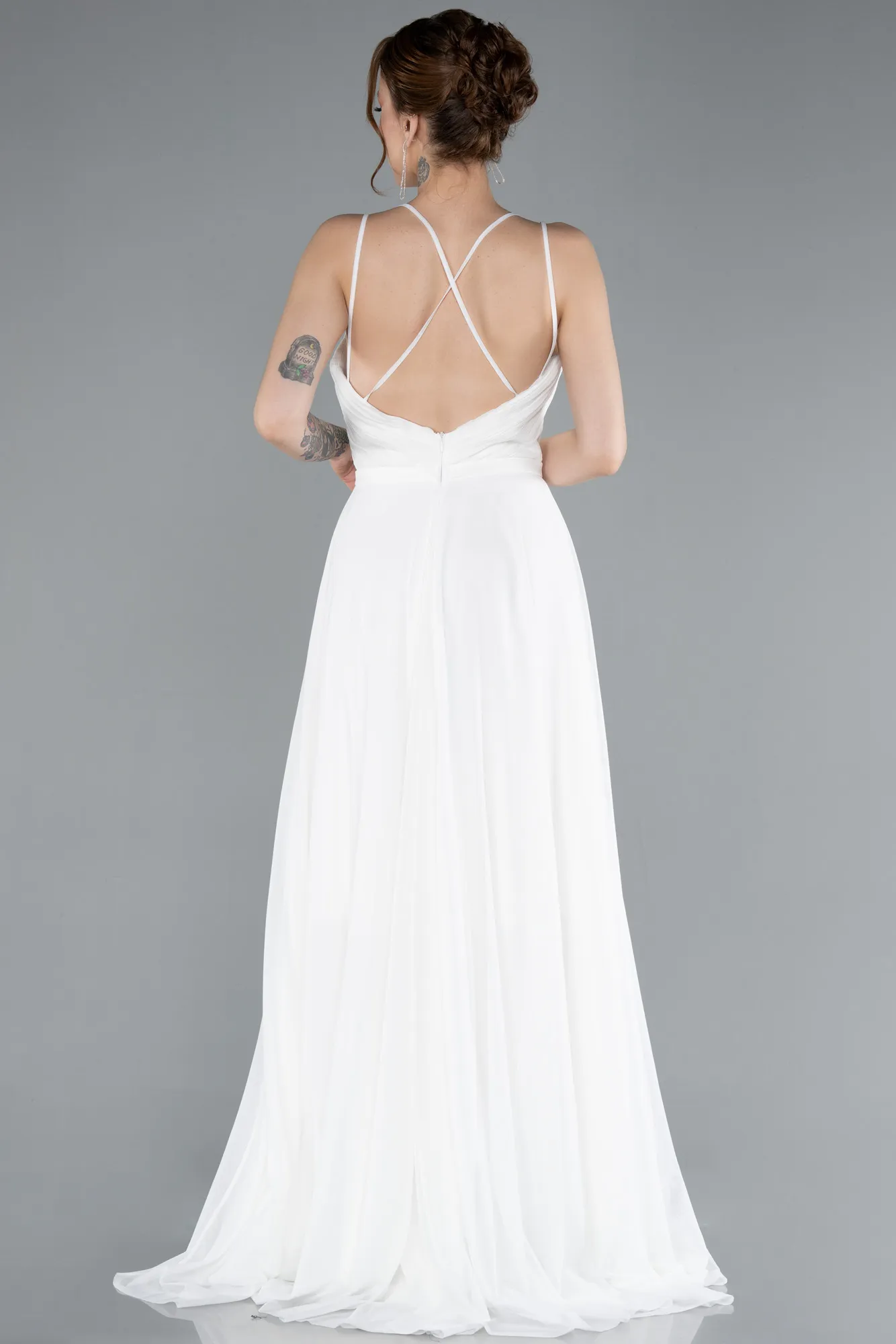 Ecru-Strapless Slit Long Evening Dress ABU4812