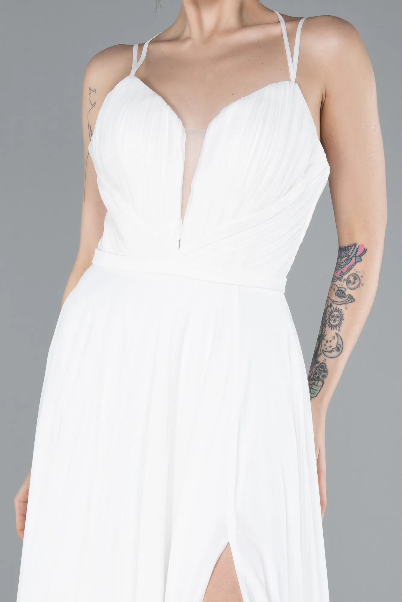 Ecru-Strapless Slit Long Evening Dress ABU4812