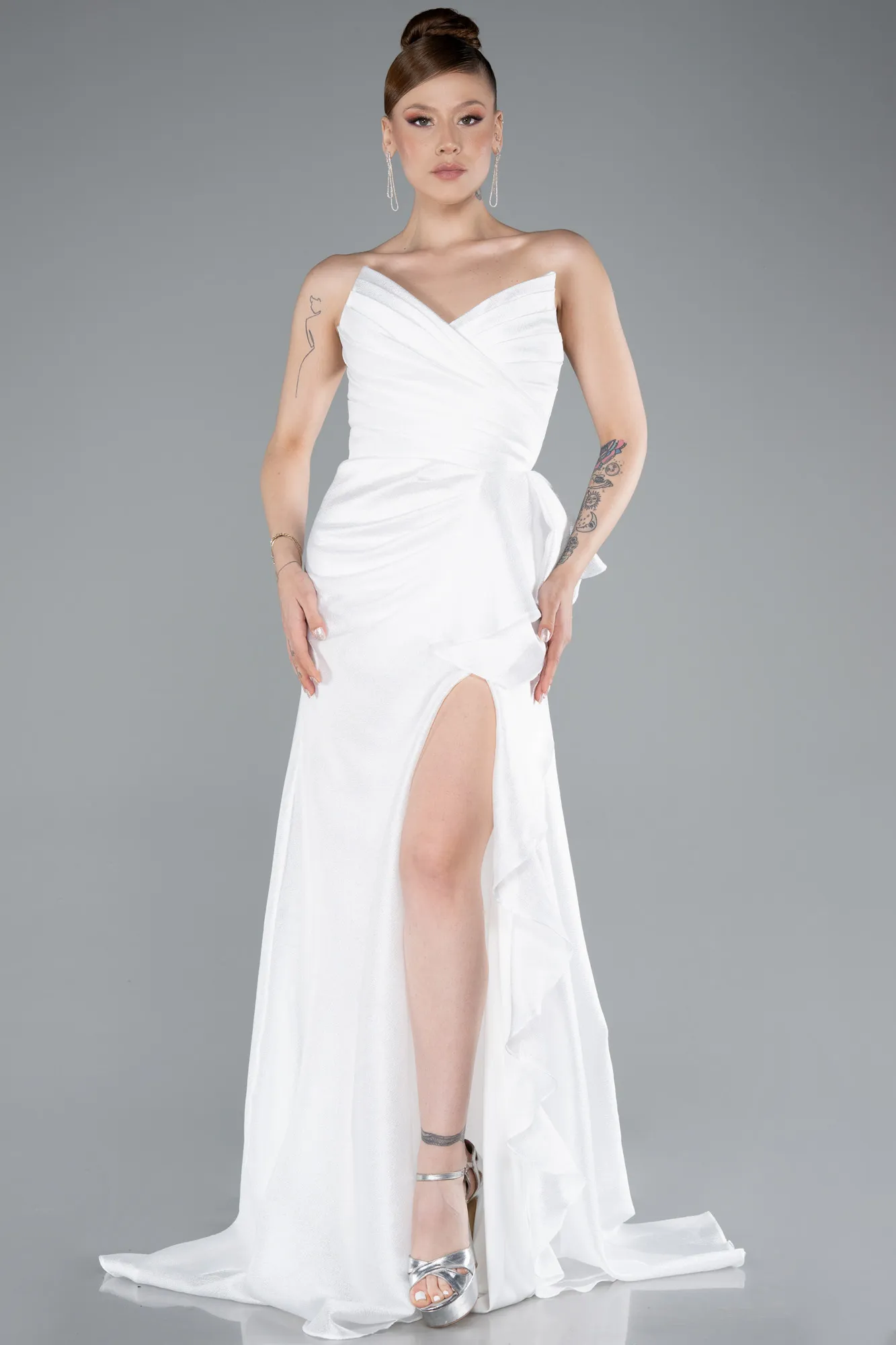 Ecru-Strapless Slit Long Evening Gown ABU4724