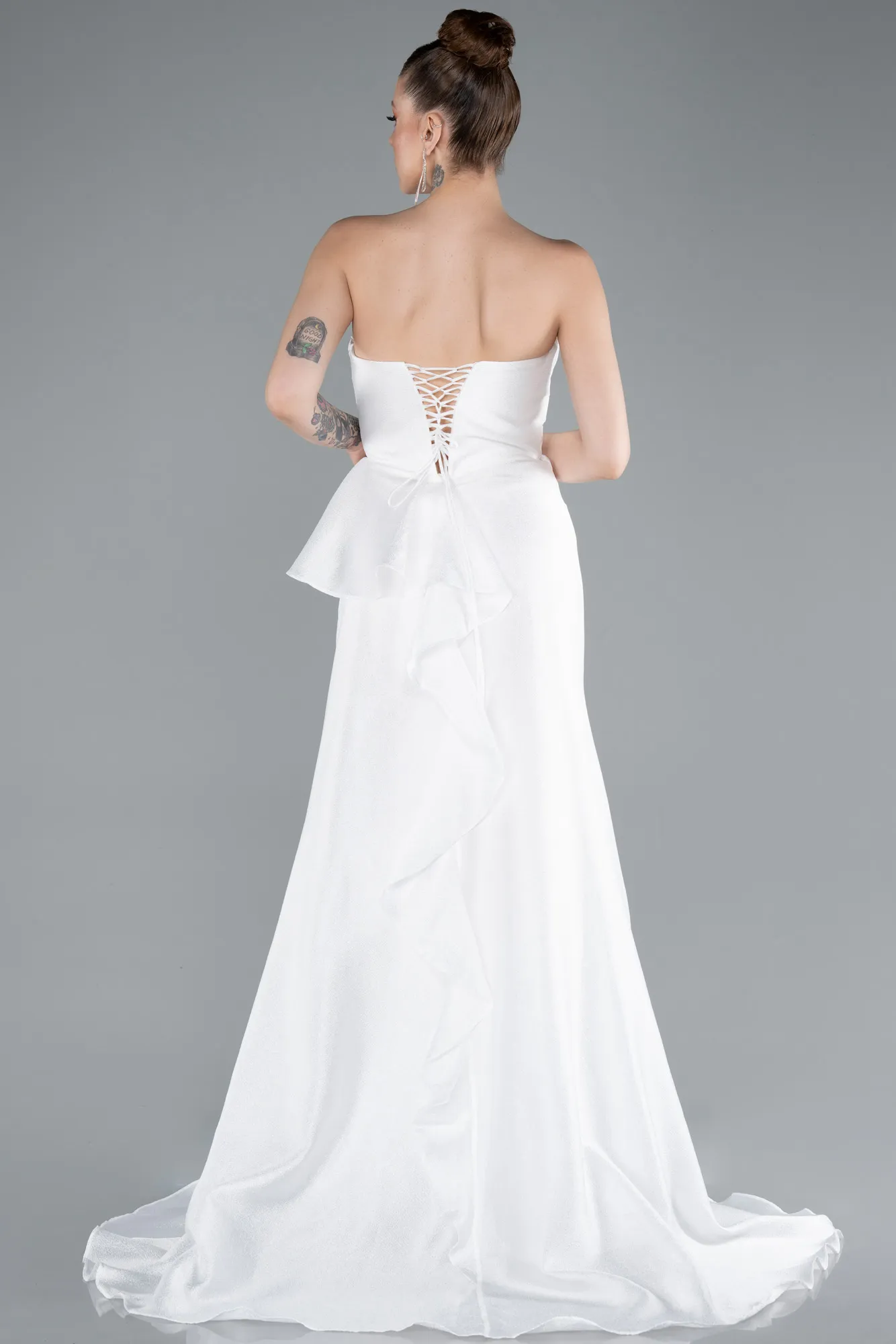 Ecru-Strapless Slit Long Evening Gown ABU4724