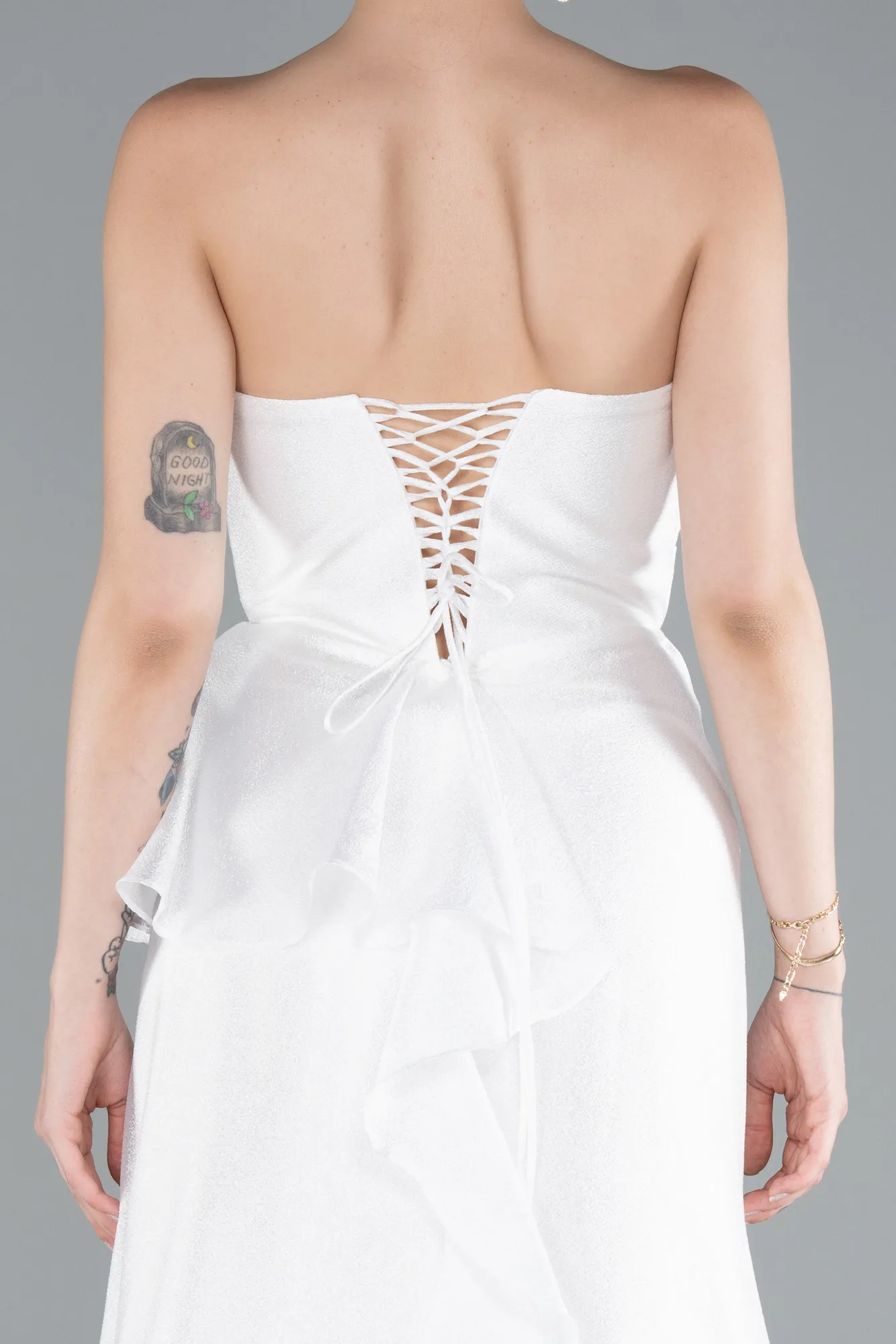 Ecru-Strapless Slit Long Evening Gown ABU4724