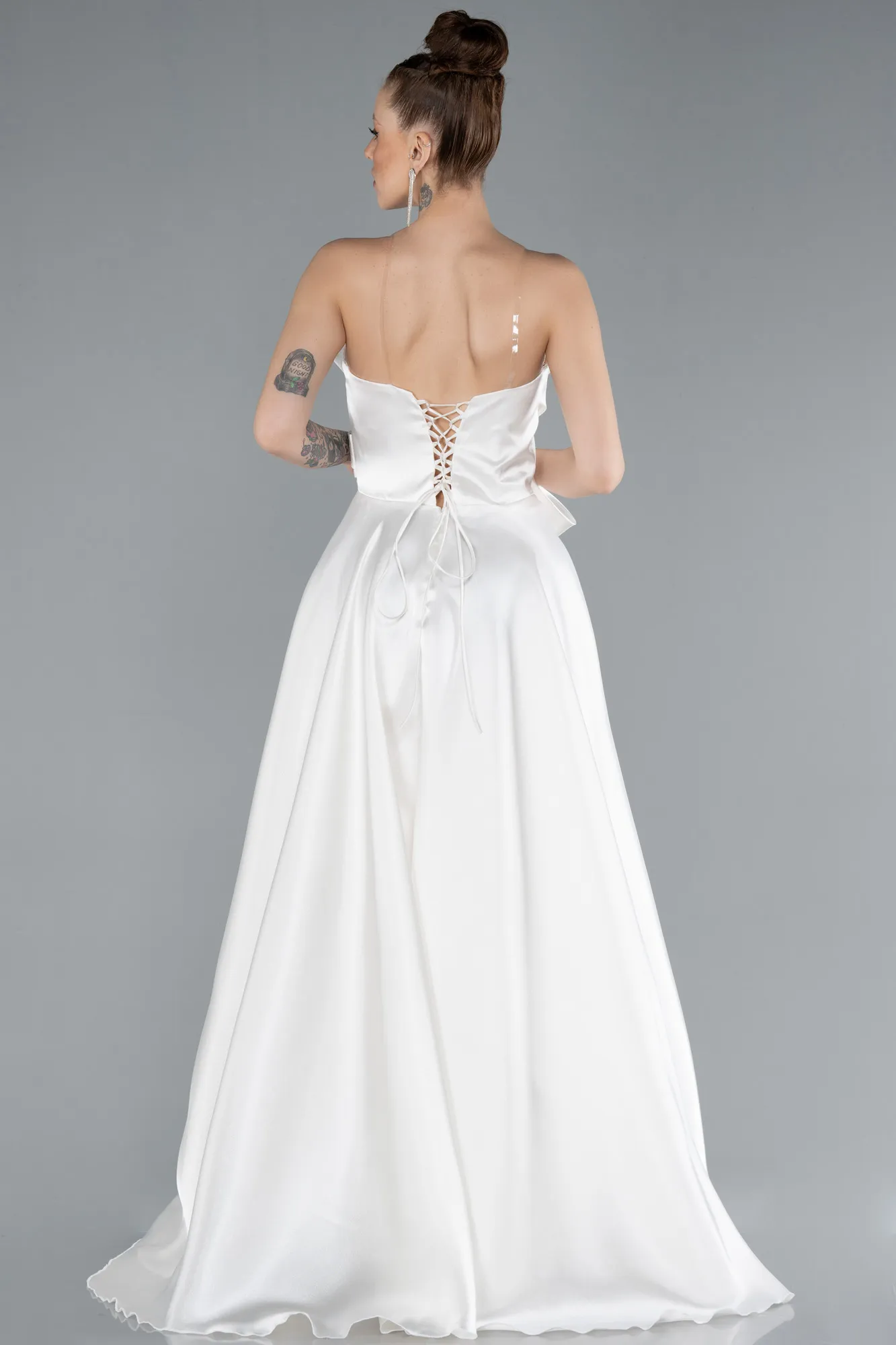 Ecru-Strapless Slit Long Satin Prom Dress ABU4680