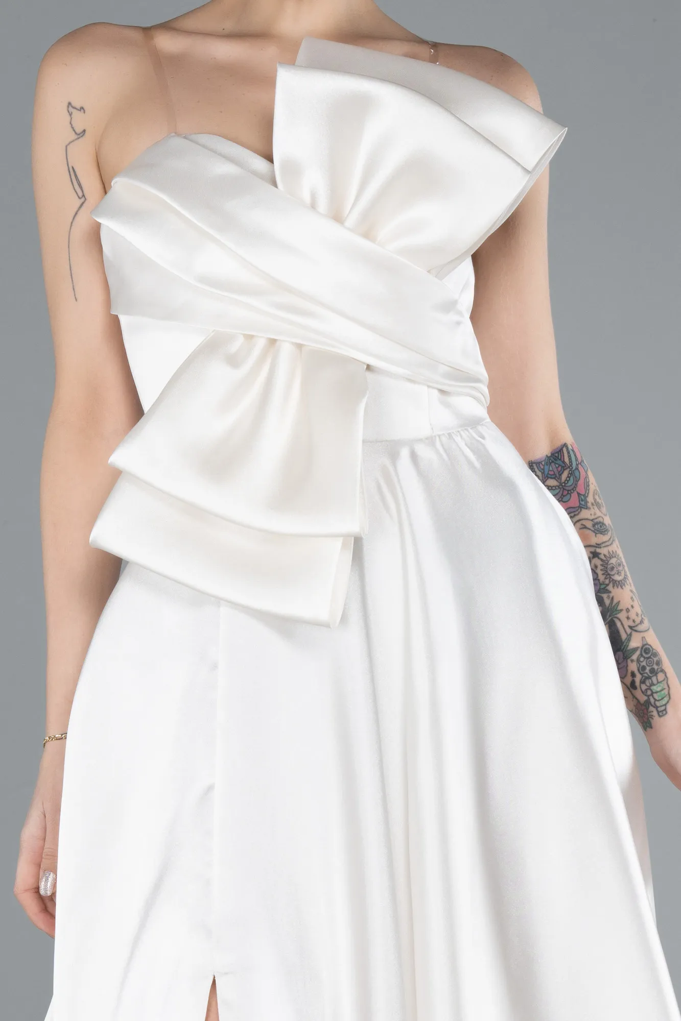 Ecru-Strapless Slit Long Satin Prom Dress ABU4680