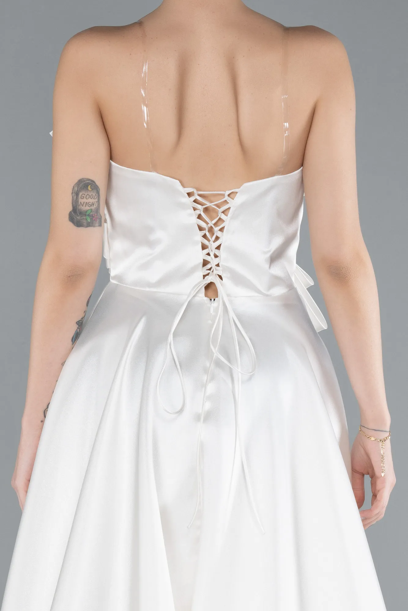 Ecru-Strapless Slit Long Satin Prom Dress ABU4680