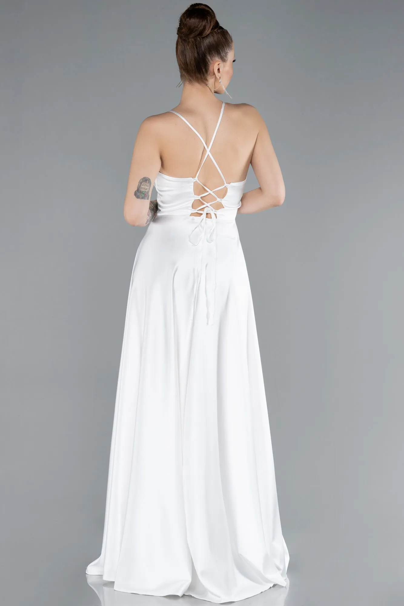 Ecru-Strappy Long Satin Prom Dress ABU4684