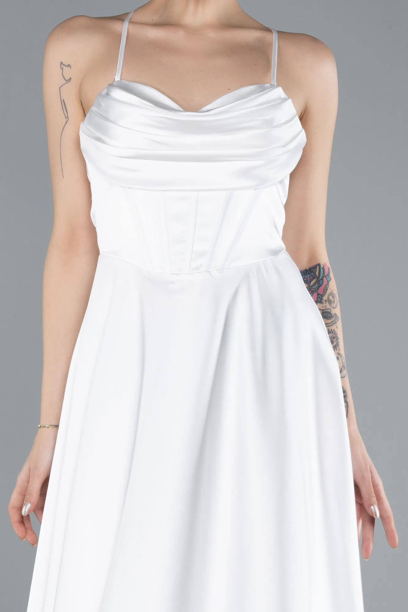 Ecru-Strappy Long Satin Prom Dress ABU4684