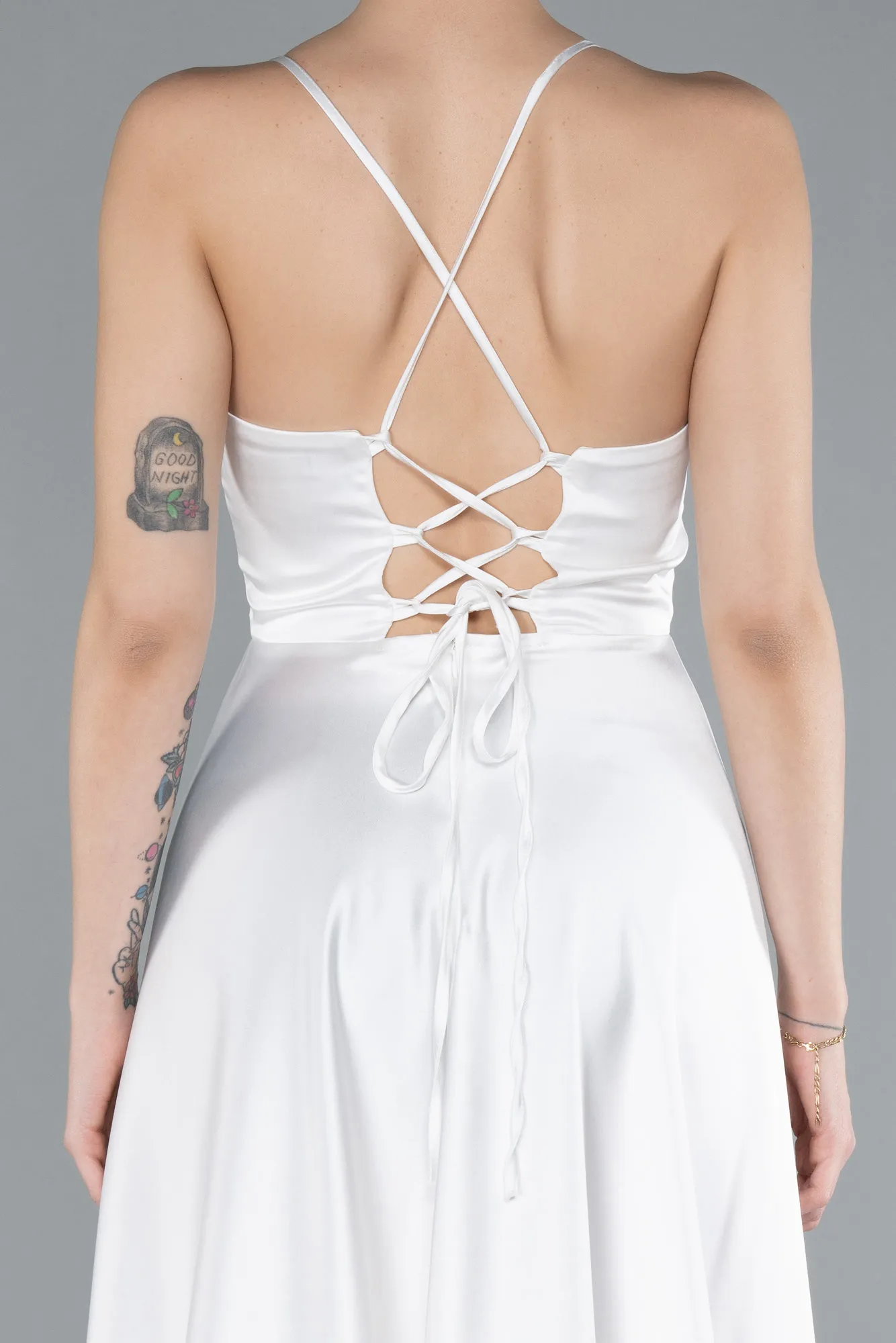 Ecru-Strappy Long Satin Prom Dress ABU4684